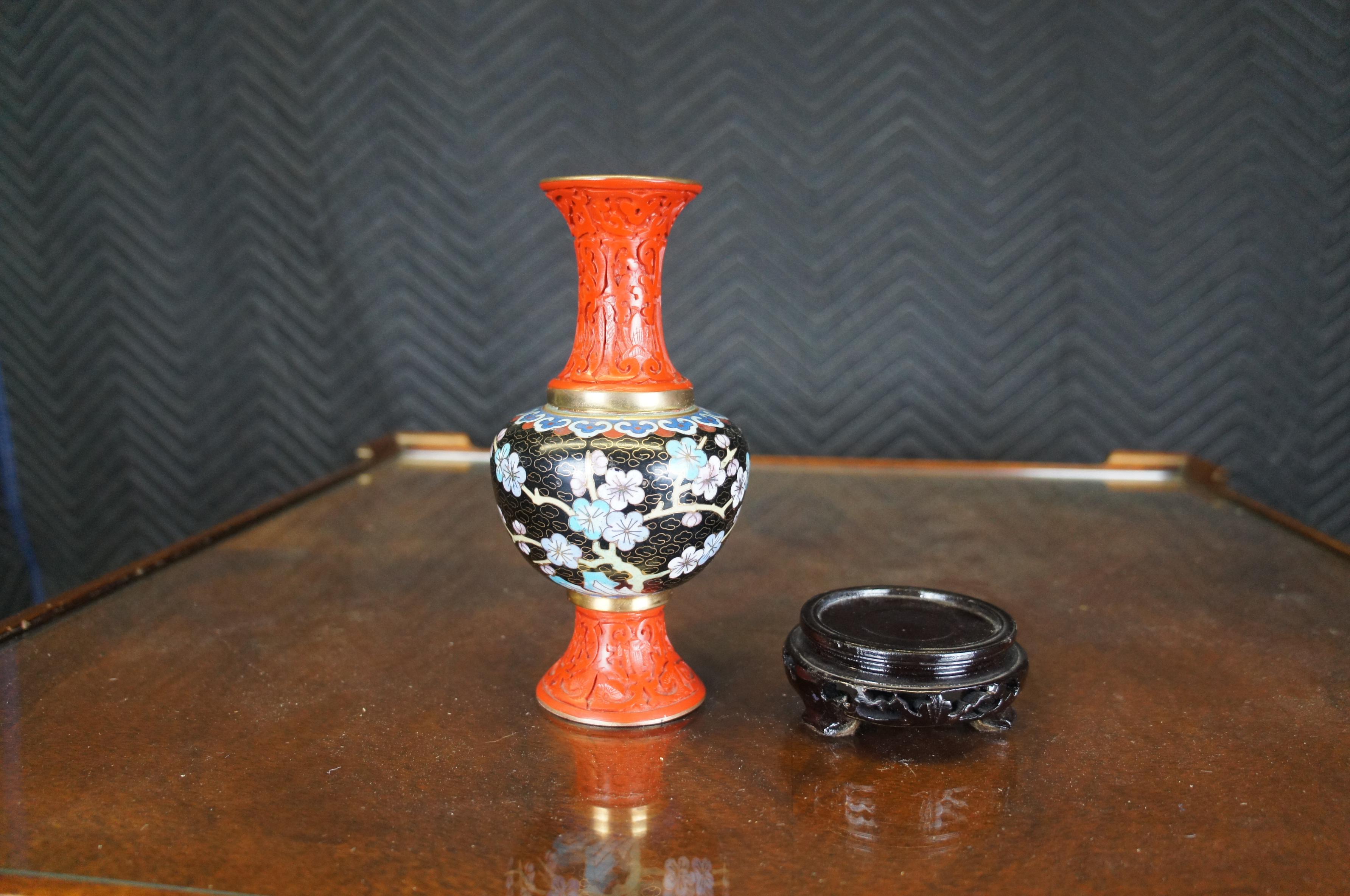 Antique Chinese Cinnabar Cloisonne Enameled Cherry Blossom Bud Vase 7