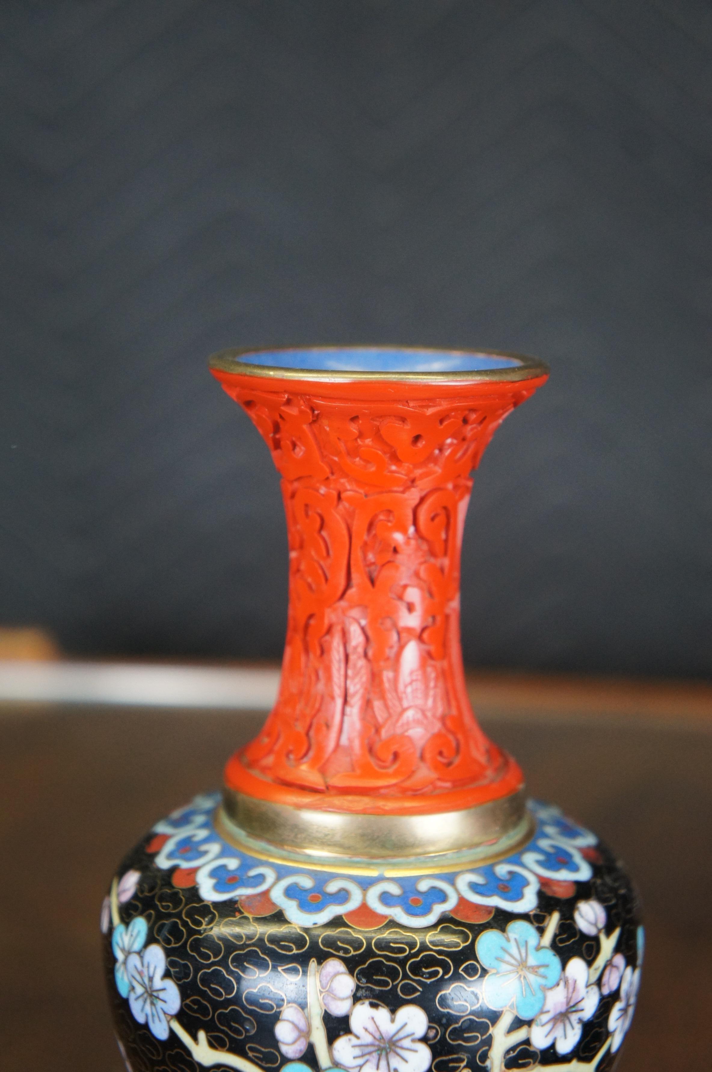 Antike chinesische Cinnabar-Cloisonné-Knospenvase aus emailliertem Kirschbaumholz, 7