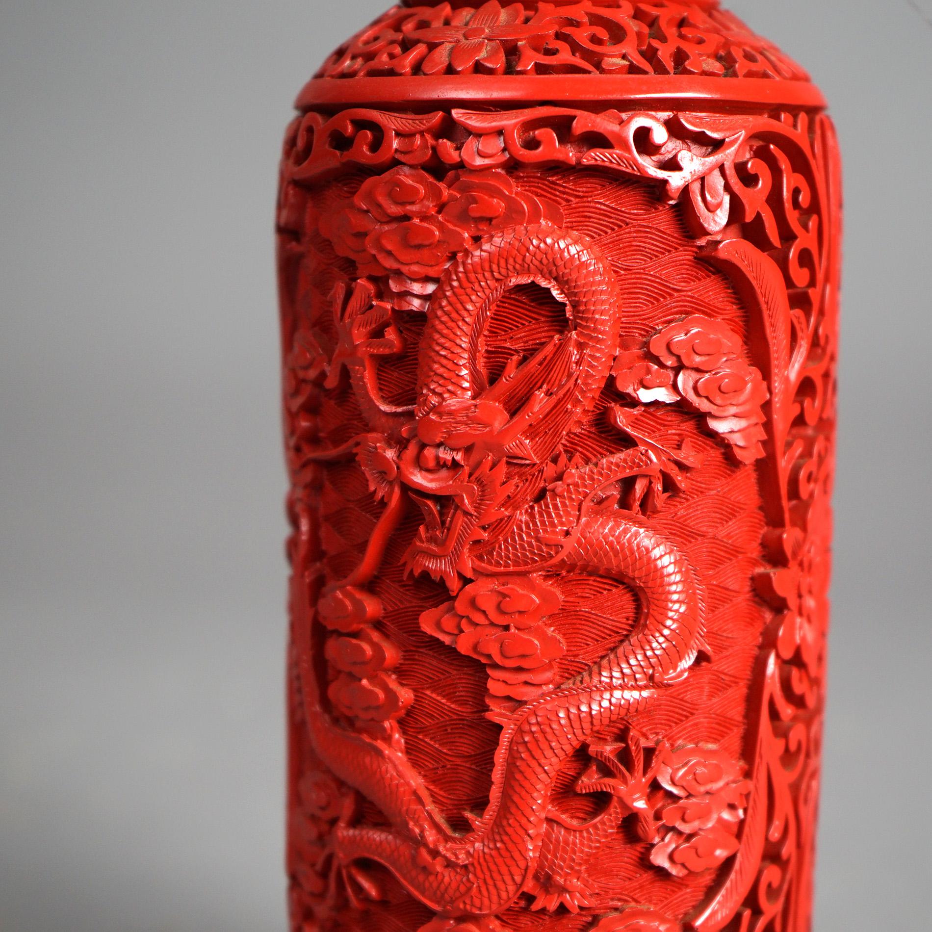 Antique Chinese Cinnabar Dragon Vase Circa 1920 For Sale 3