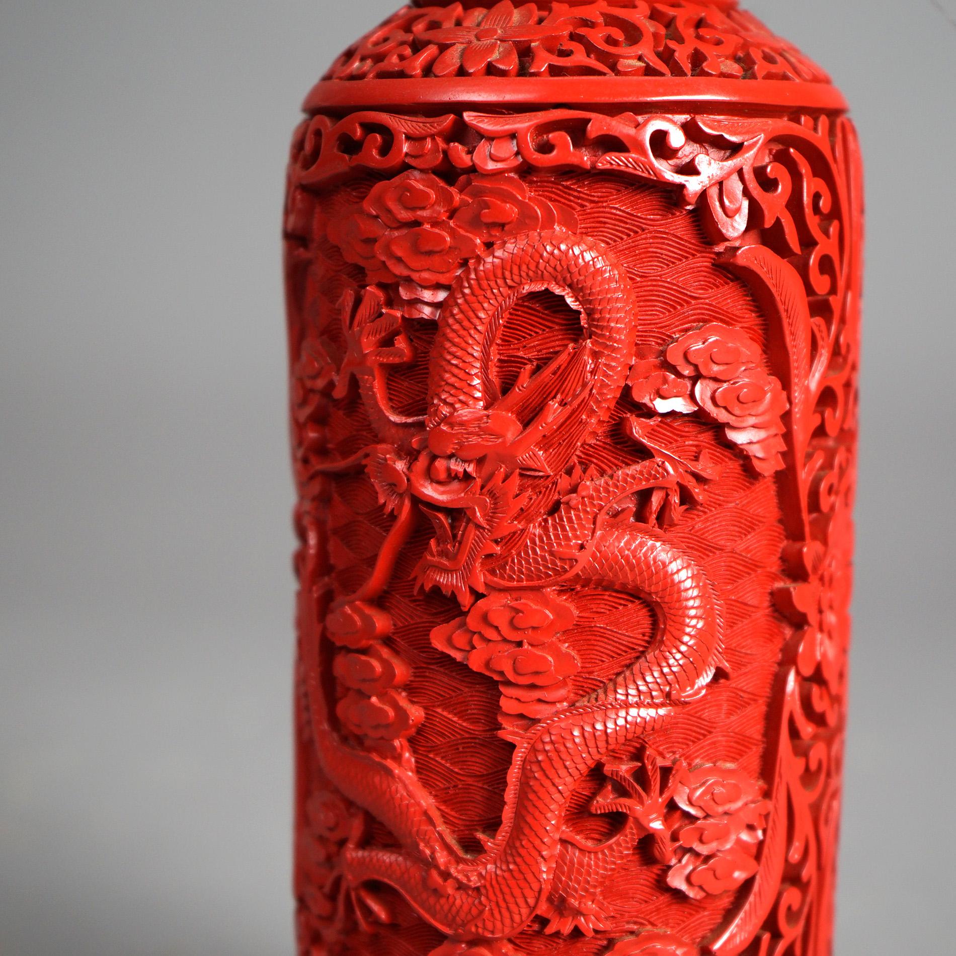 Antique Chinese Cinnabar Dragon Vase Circa 1920 3