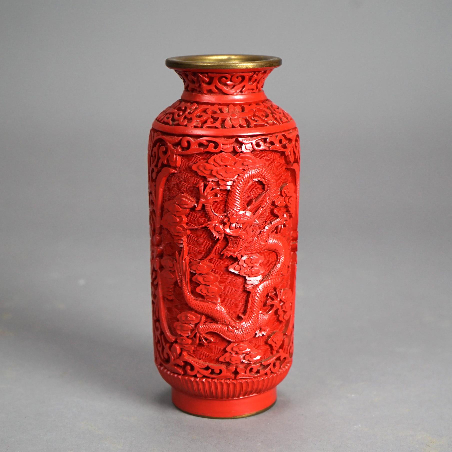 Antique Chinese Cinnabar Dragon Vase Circa 1920 In Good Condition For Sale In Big Flats, NY