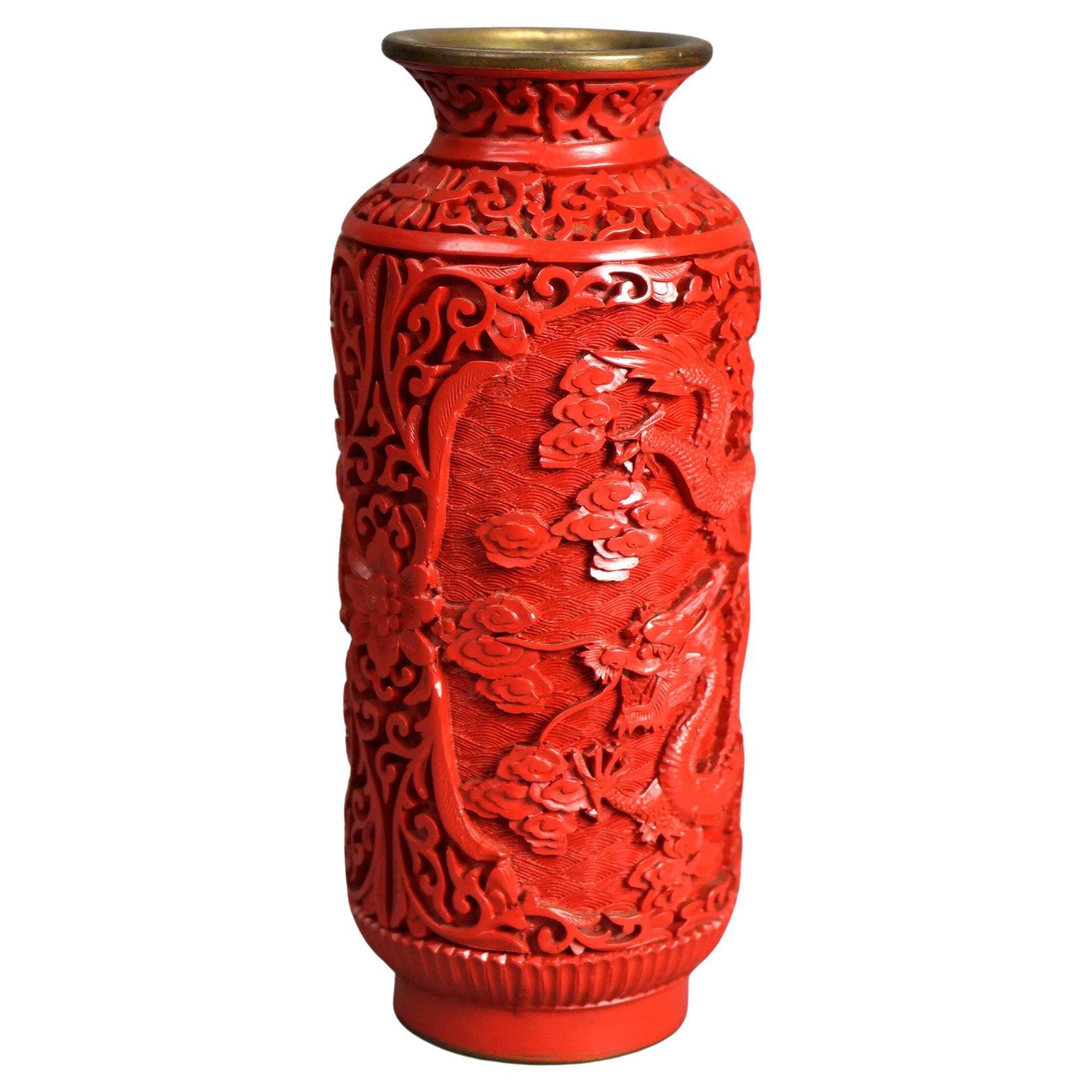 Antique Chinese Cinnabar Dragon Vase Circa 1920 For Sale