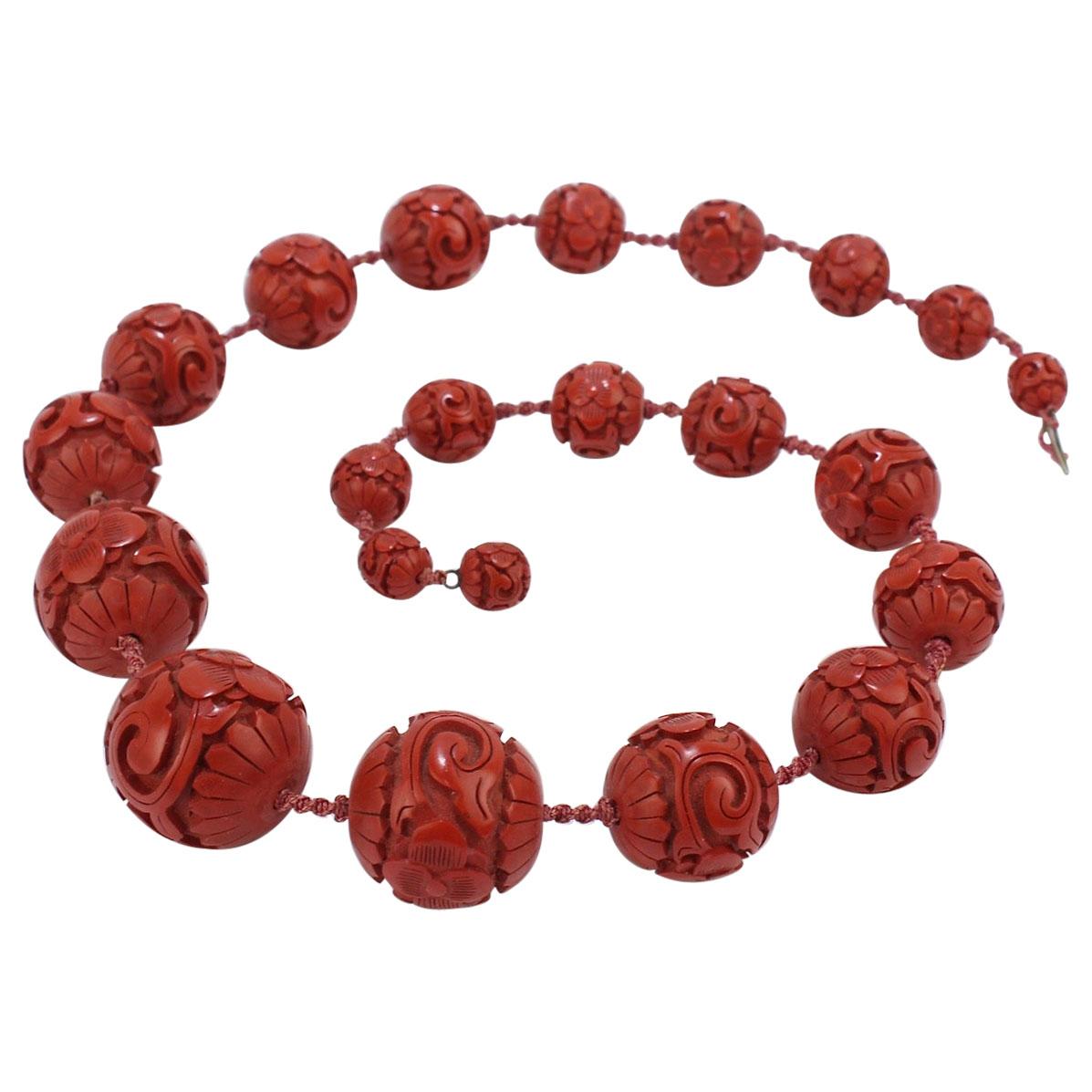 Antique Chinese Cinnabar Graduated Beaded Necklace with Large Beads