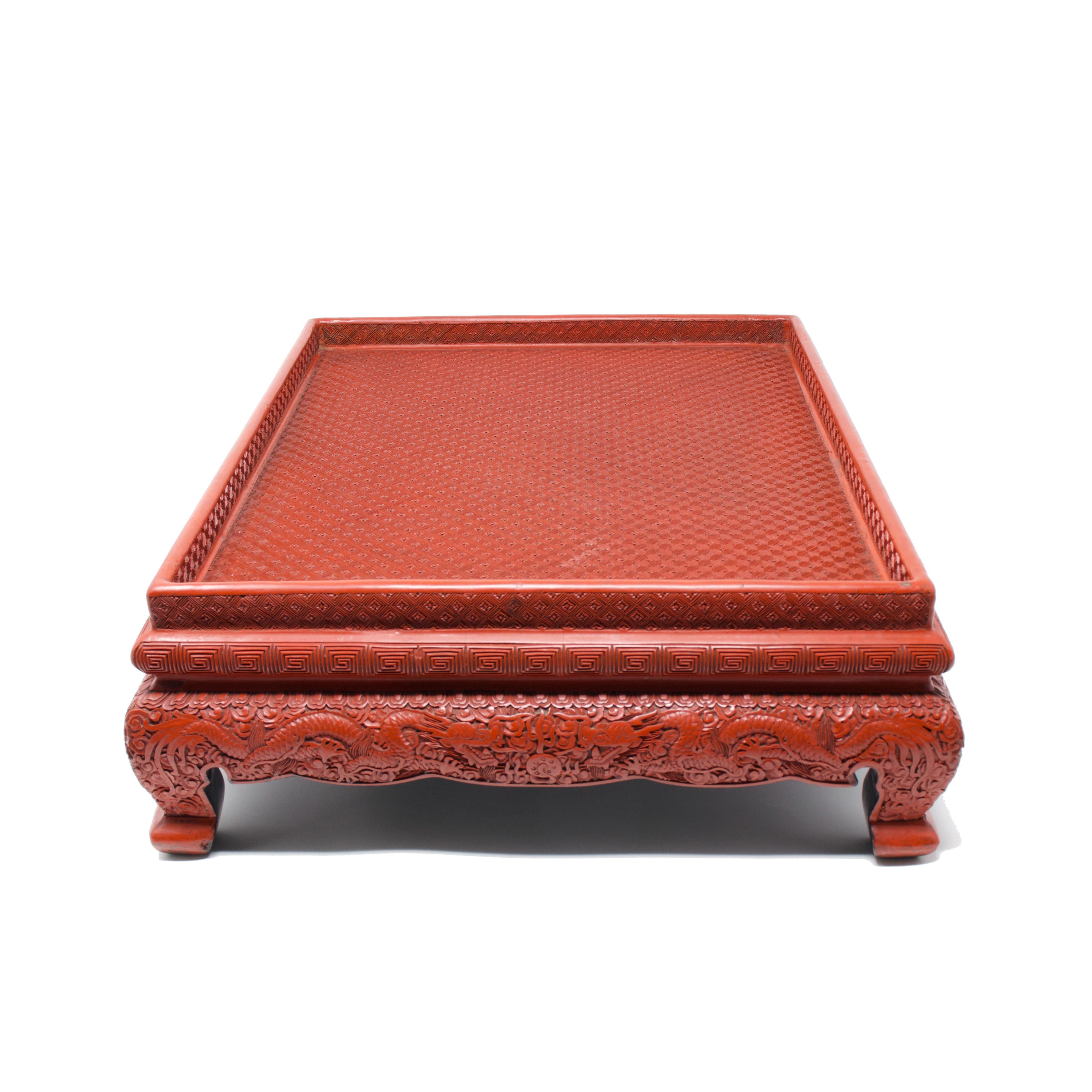 19th Century Antique Chinese Cinnabar Lacquer Tray/Stand with Dragon Design For Sale