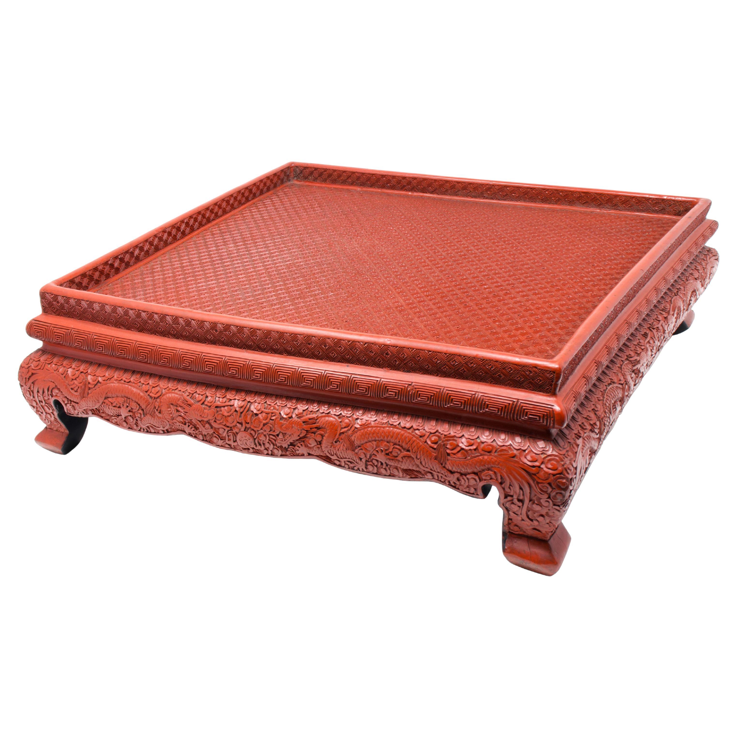 Antique Chinese Cinnabar Lacquer Tray/Stand with Dragon Design For Sale