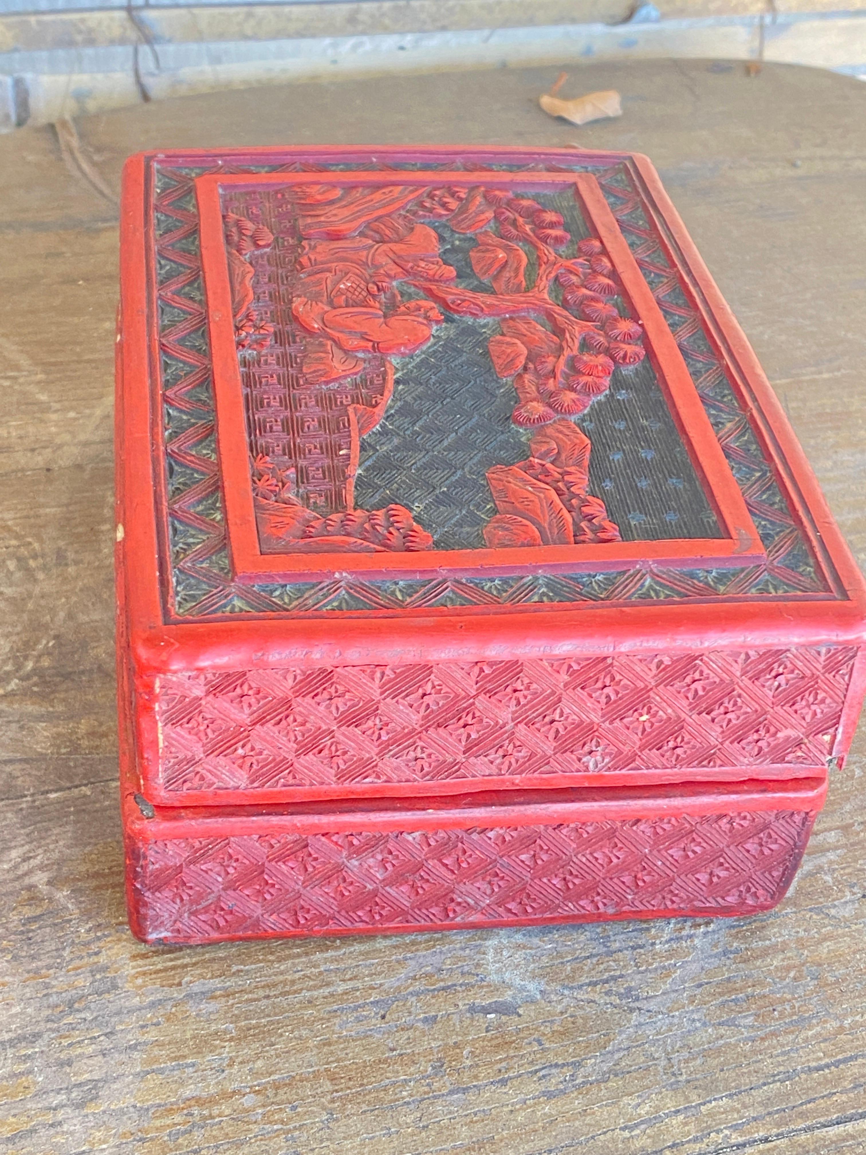 Red lacquer box with the lid representing a scholar and children playing in a mountainous garden, the outer sides covered with repeated geometric patterns. This box was made in China at the end of the 19th century, around 1880. It is typical of this