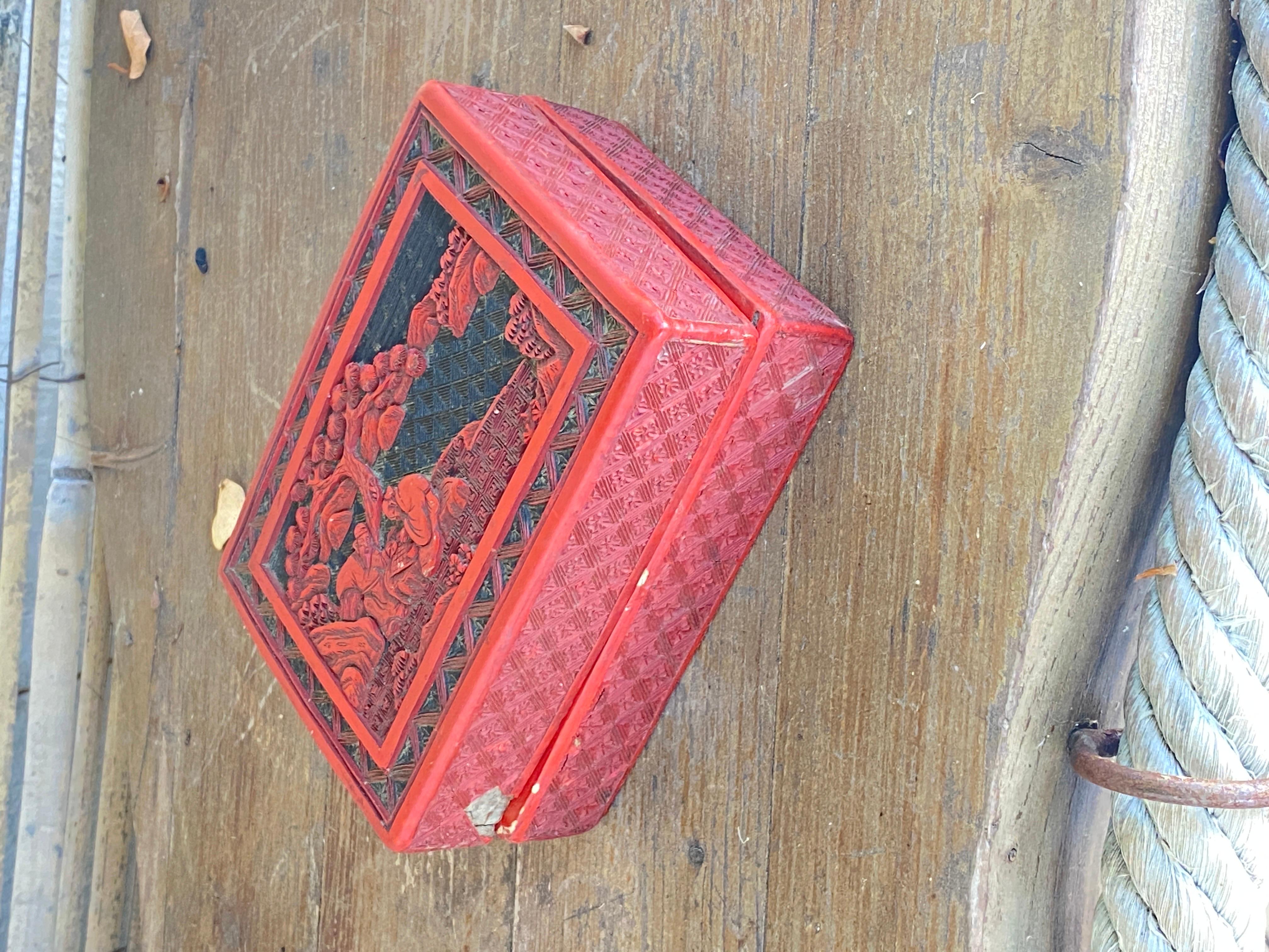 Antique Chinese Cinnabar Lacquered Rectangular Box and Cover, China, circa 1880, In Fair Condition For Sale In Auribeau sur Siagne, FR