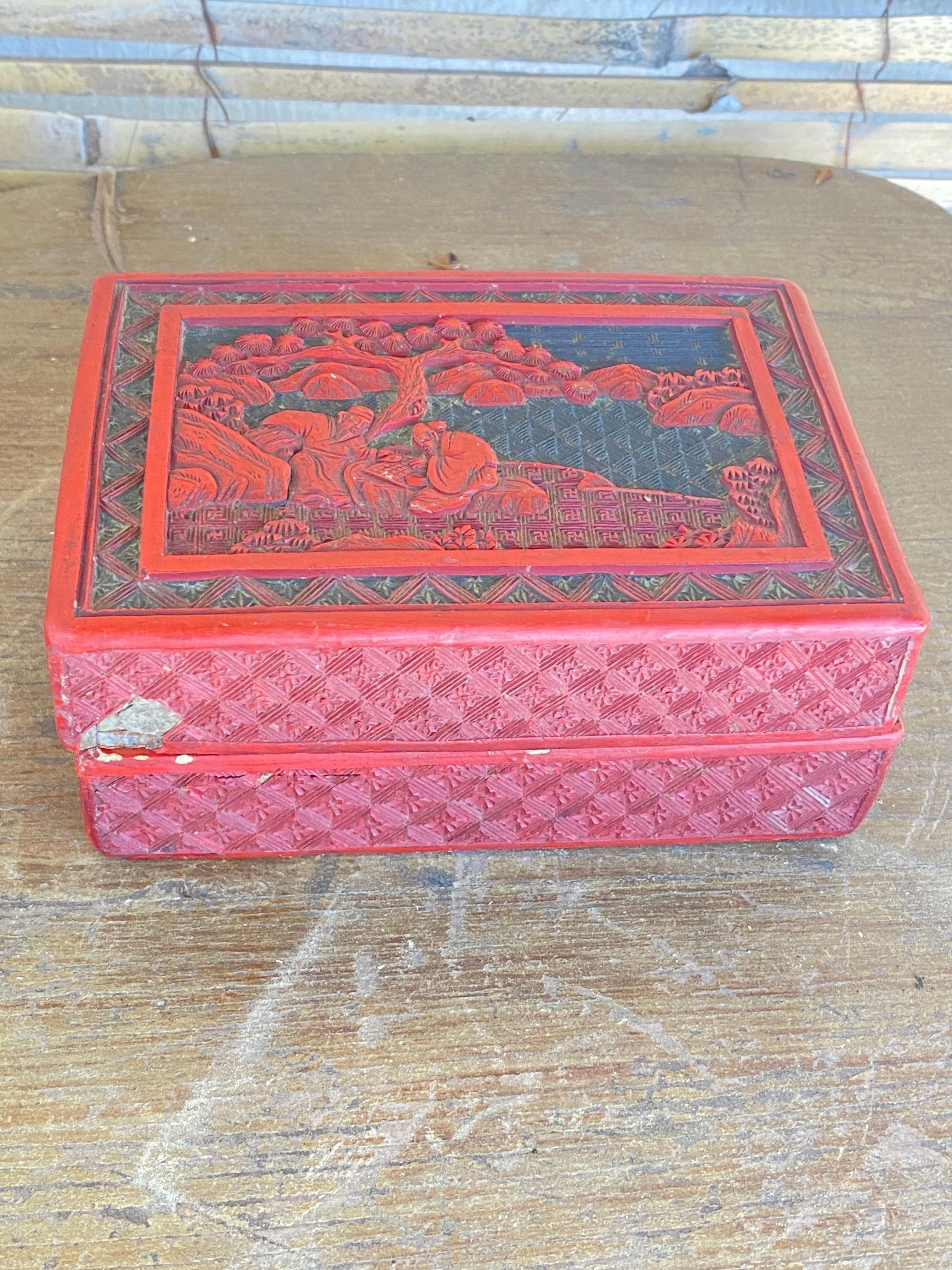 Antique Chinese Cinnabar Lacquered Rectangular Box and Cover, China, circa 1880, For Sale 1