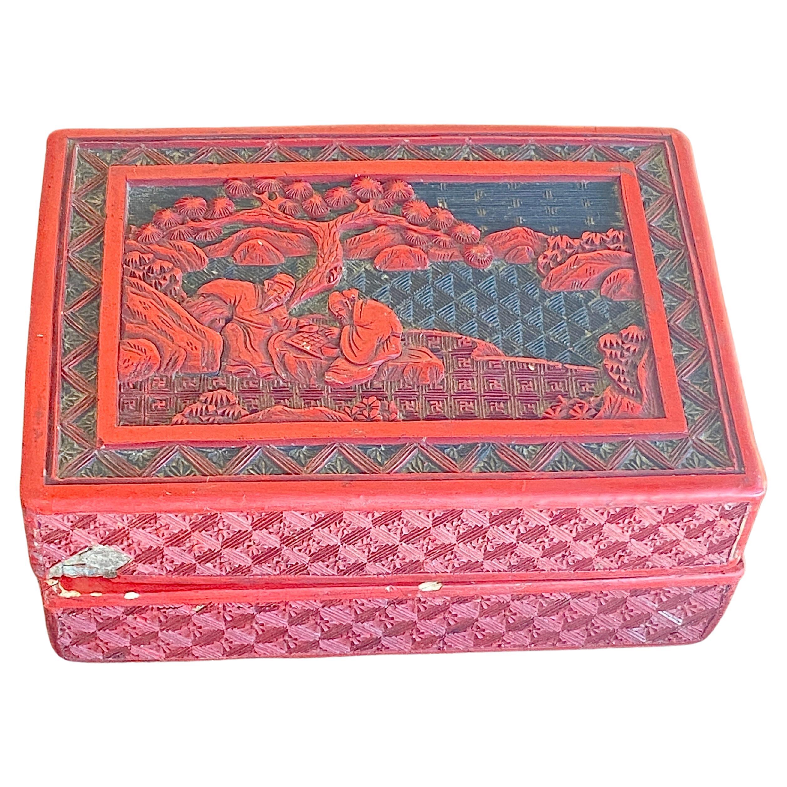 Antique Chinese Cinnabar Lacquered Rectangular Box and Cover, China, circa 1880, For Sale