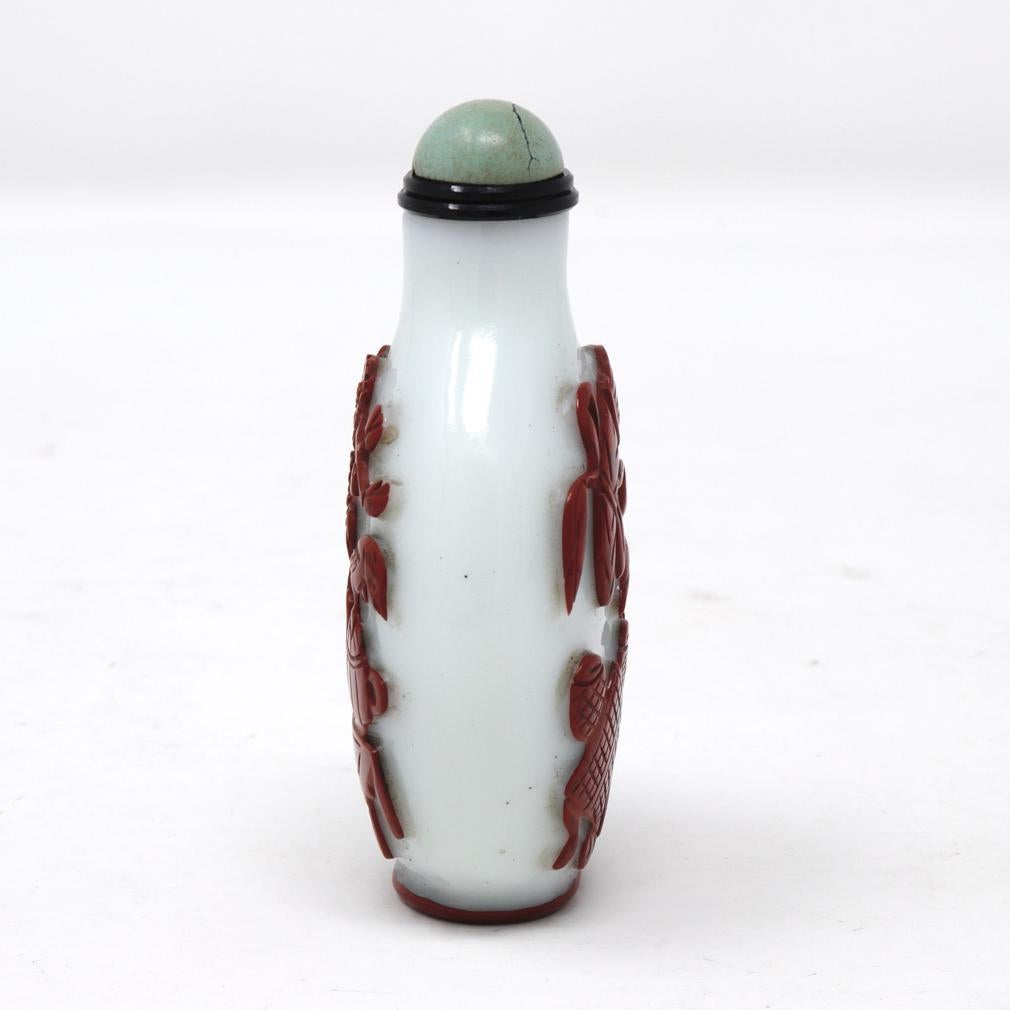 19th Century Antique Chinese Cinnabar-red Overlay White Glass Snuff Bottle For Sale
