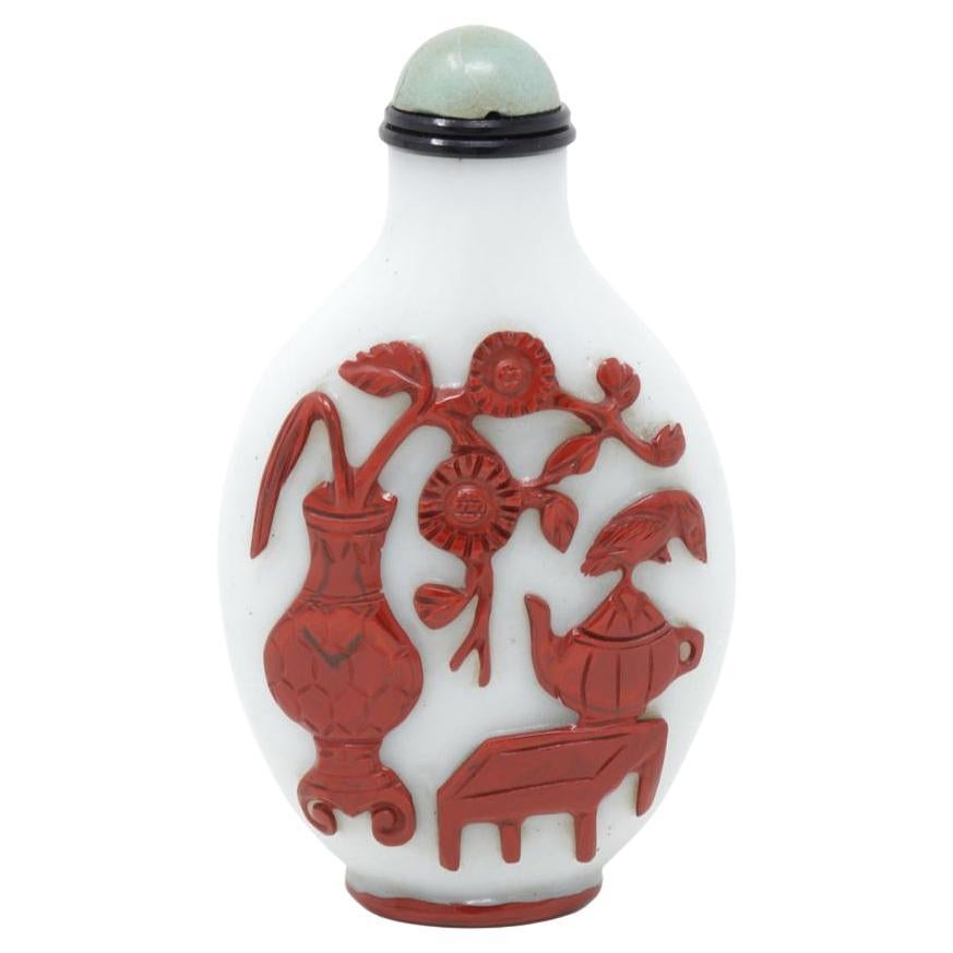 Antique Chinese Cinnabar-red Overlay White Glass Snuff Bottle