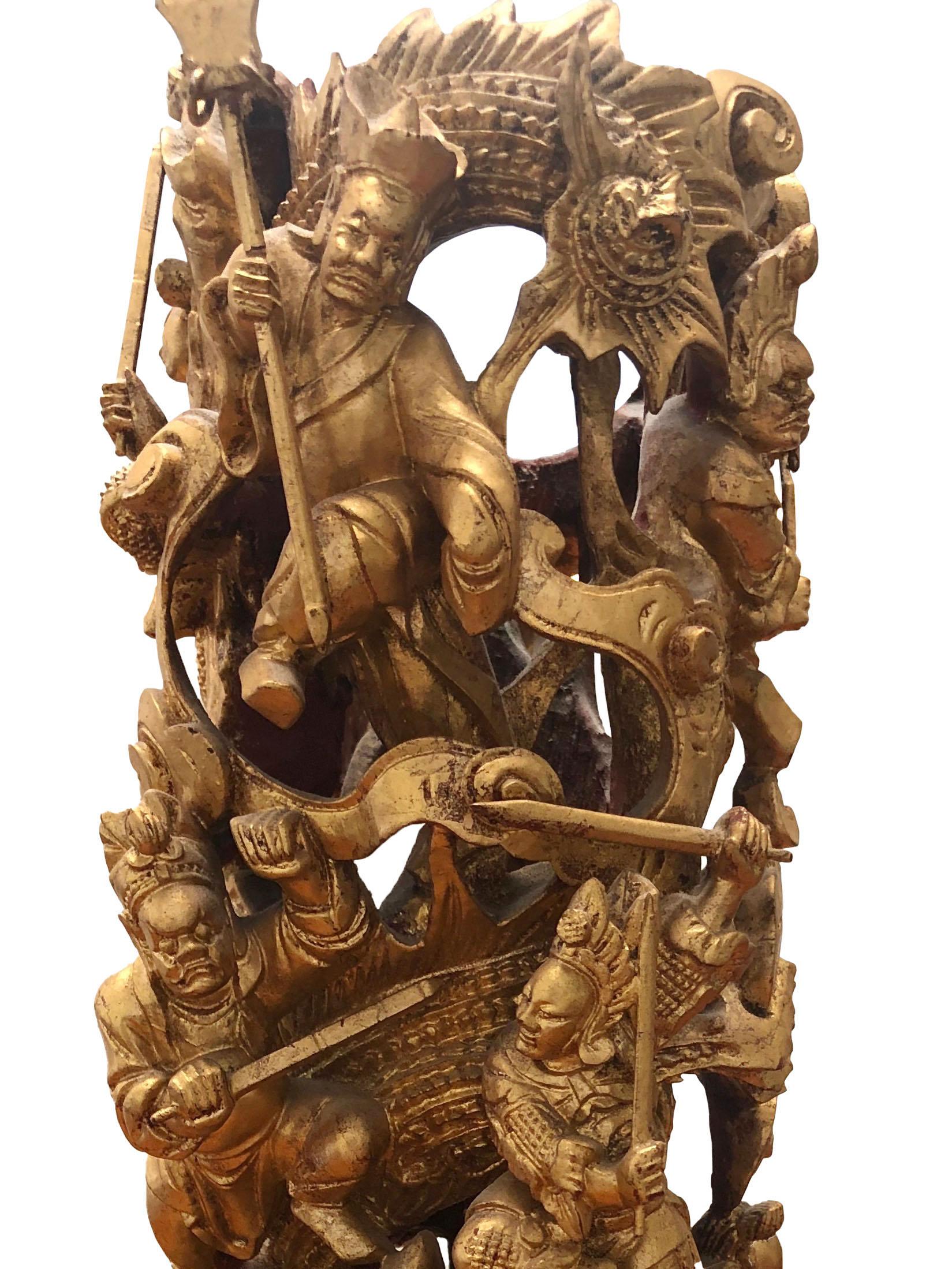 A fabulous 18th century Chinese hand carved fragment with warriors. Carved all the way around and has a period wooden stand. A remarkable work of art, spectacular. The art piece is 14.5