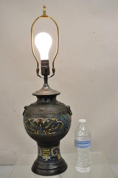 Antique Chinese Cloisonne Blue Porcelain Enamel Bronze Figural Table Lamp