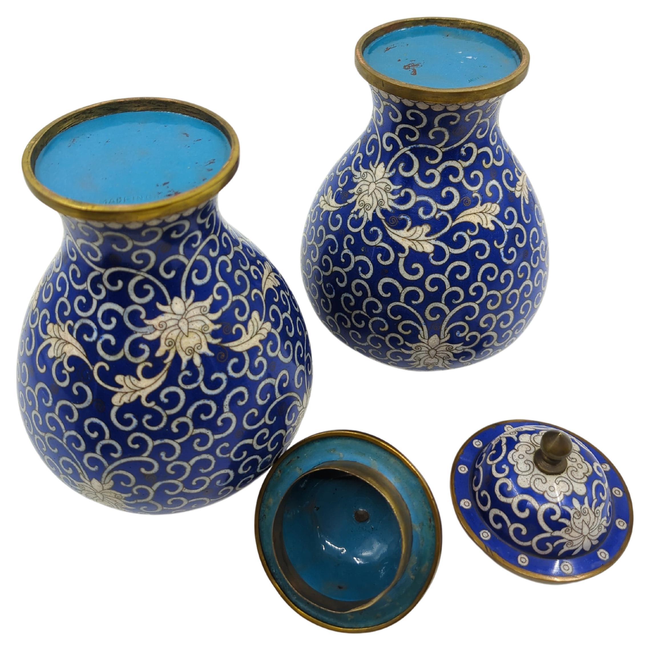 Antique Chinese Cloisonne Blue White General Jar Baluster Vase Garniture w Stand For Sale 4
