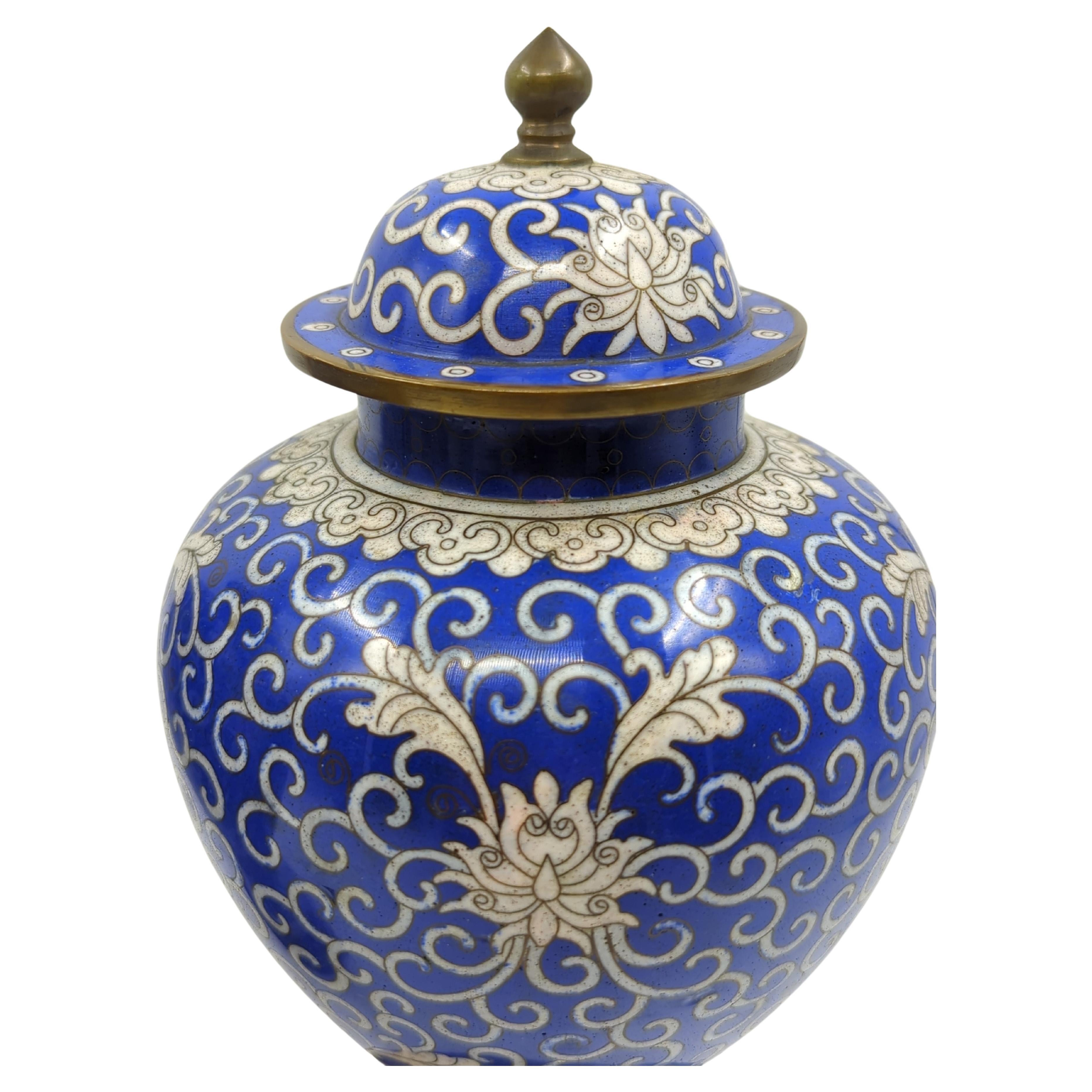 Antique Chinese Cloisonne Blue White General Jar Baluster Vase Garniture w Stand For Sale 5
