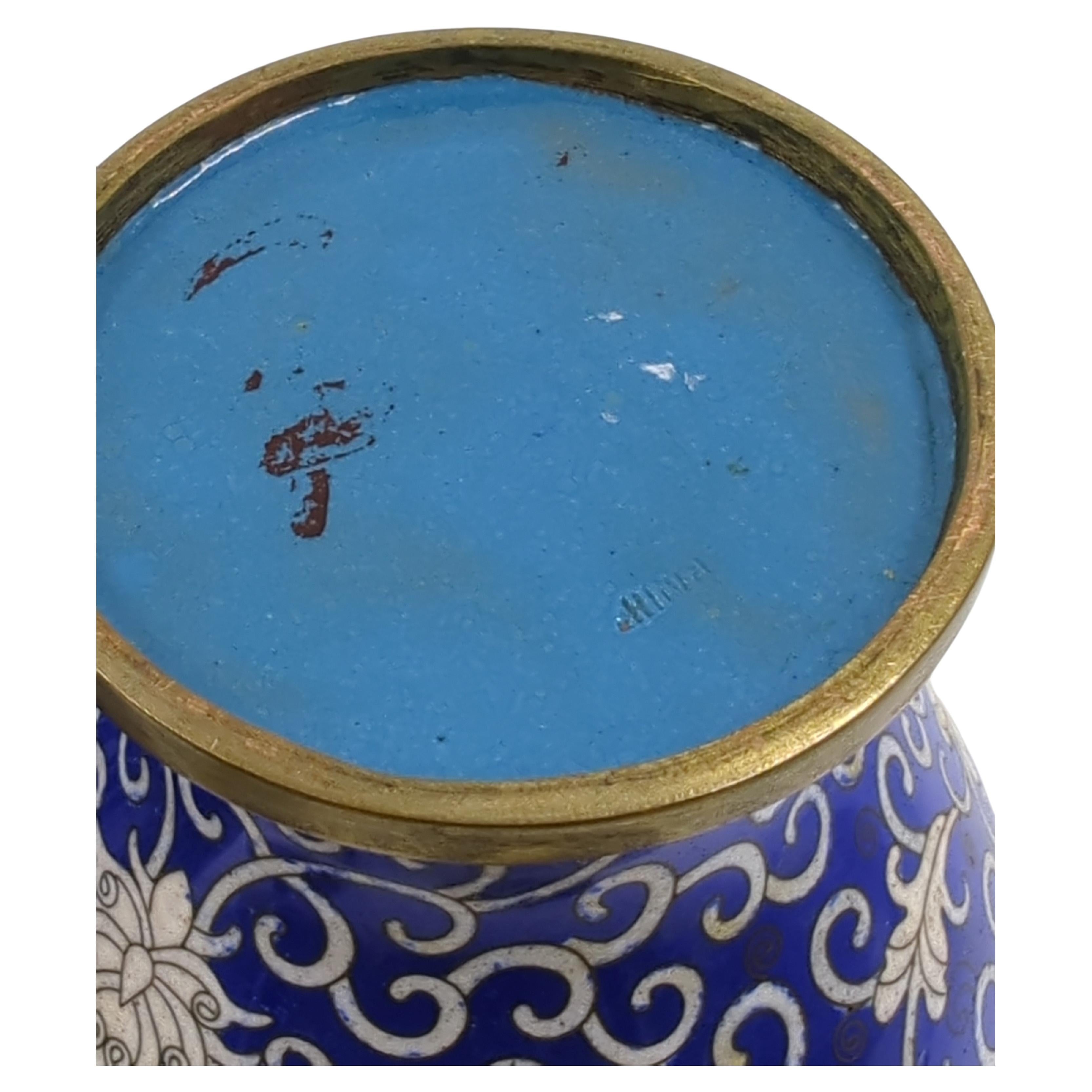 Antique Chinese Cloisonne Blue White General Jar Baluster Vase Garniture w Stand For Sale 6
