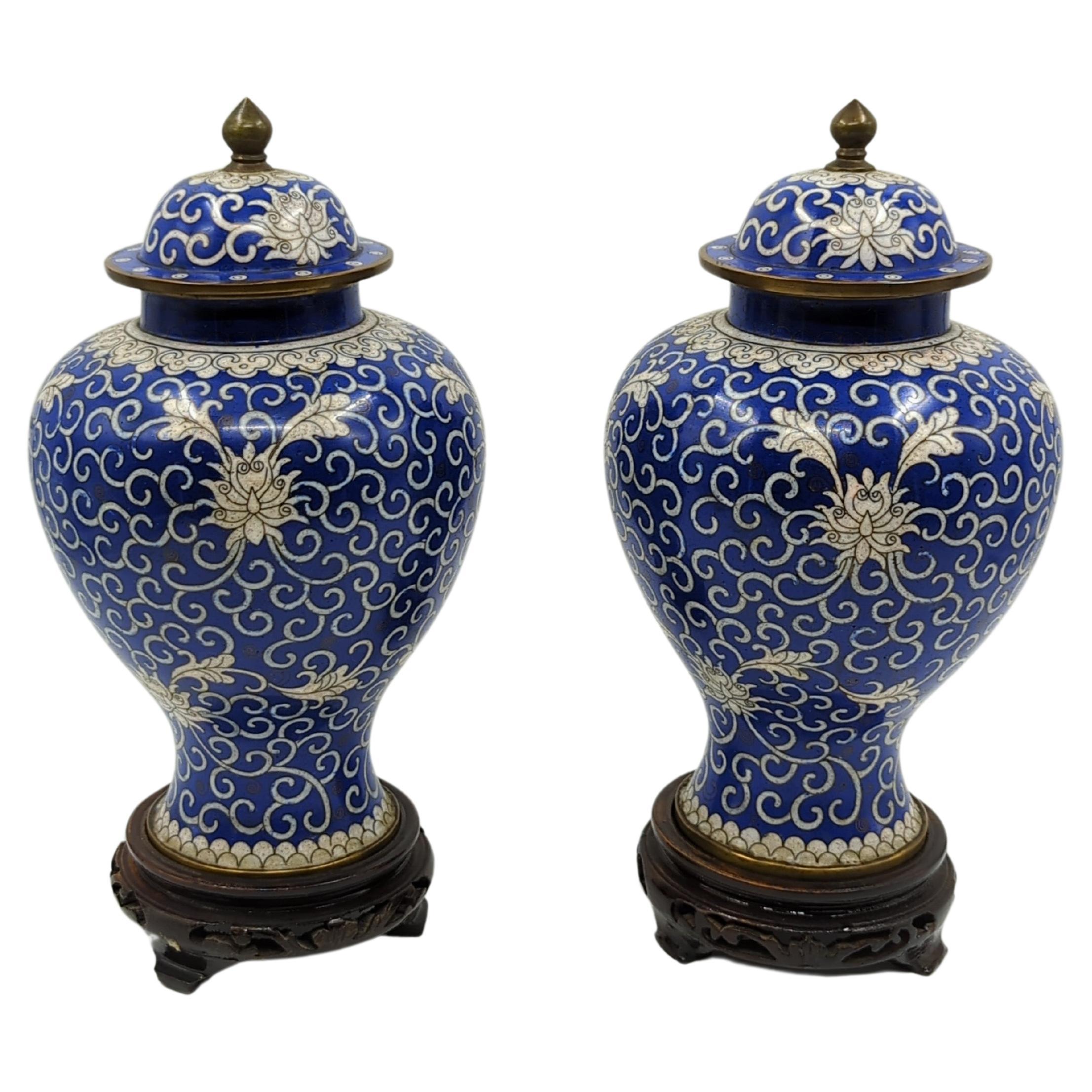 Antique Chinese Cloisonne Blue White General Jar Baluster Vase Garniture w Stand For Sale