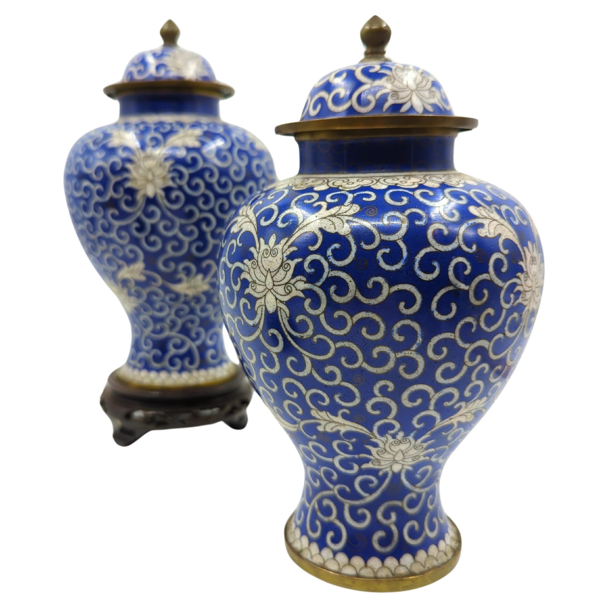 Chinese Export Antique Chinese Cloisonne Blue White General Jar Baluster Vase Garniture w Stand For Sale