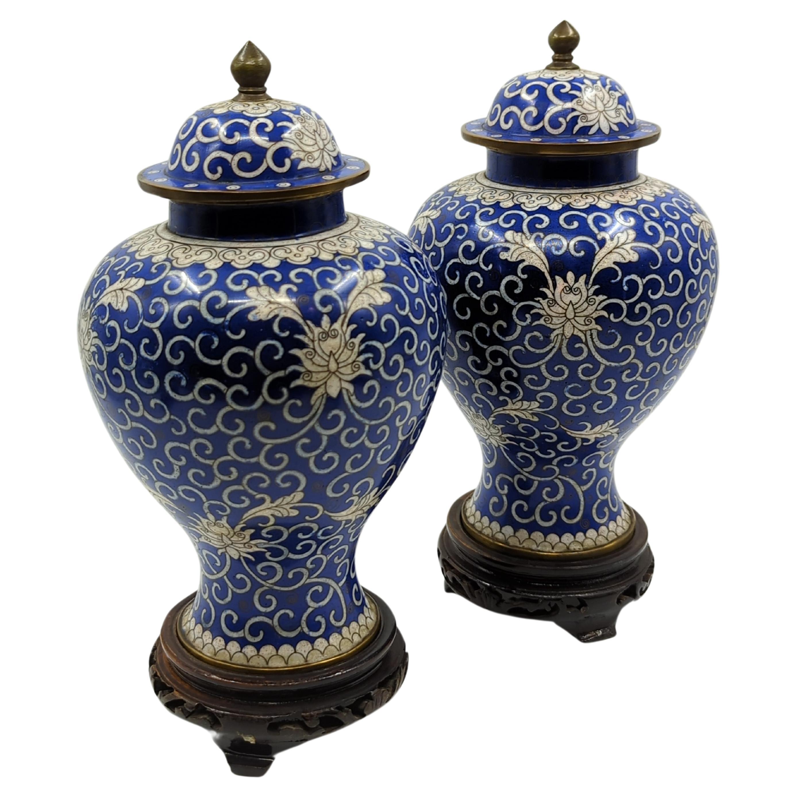 Hand-Crafted Antique Chinese Cloisonne Blue White General Jar Baluster Vase Garniture w Stand For Sale