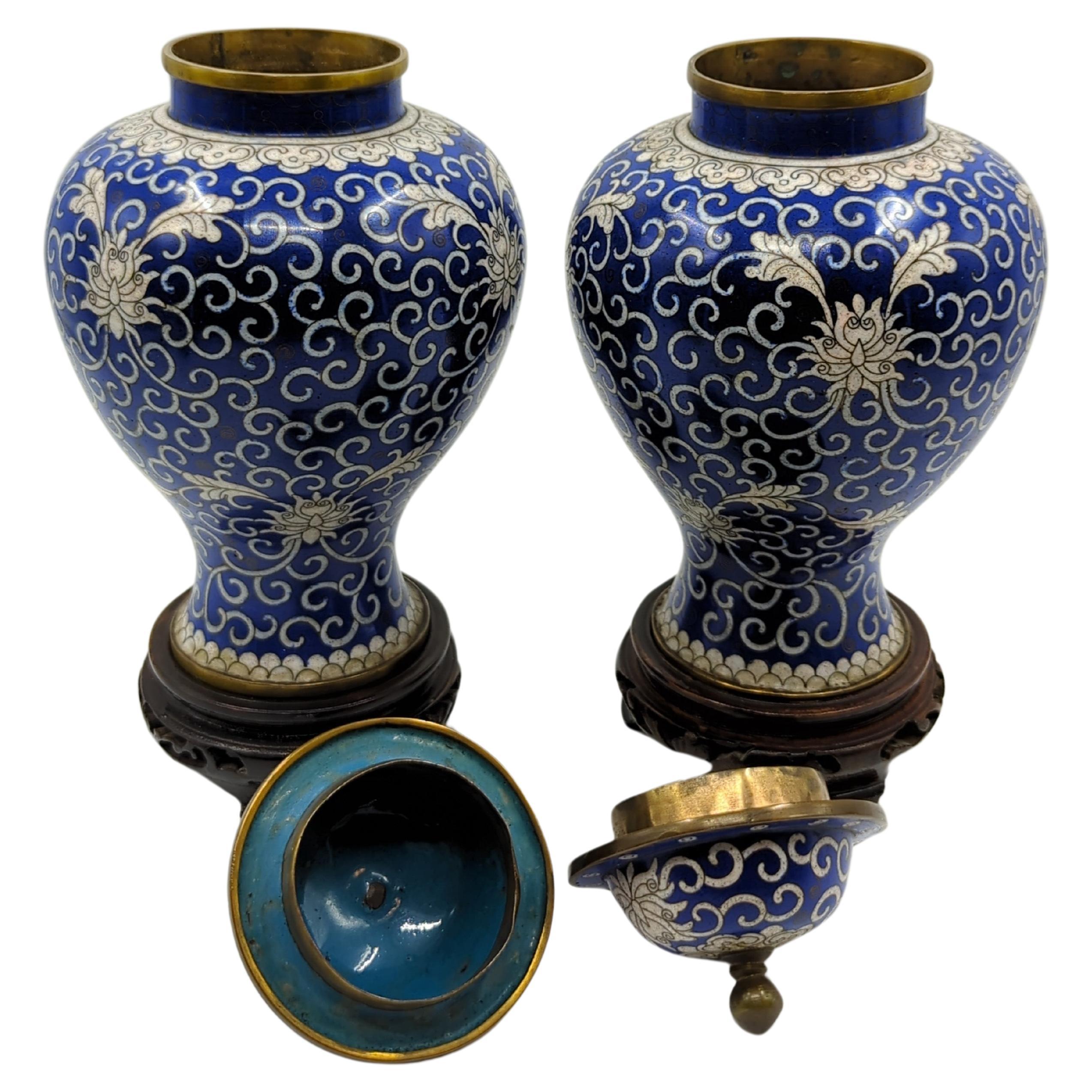 20th Century Antique Chinese Cloisonne Blue White General Jar Baluster Vase Garniture w Stand For Sale