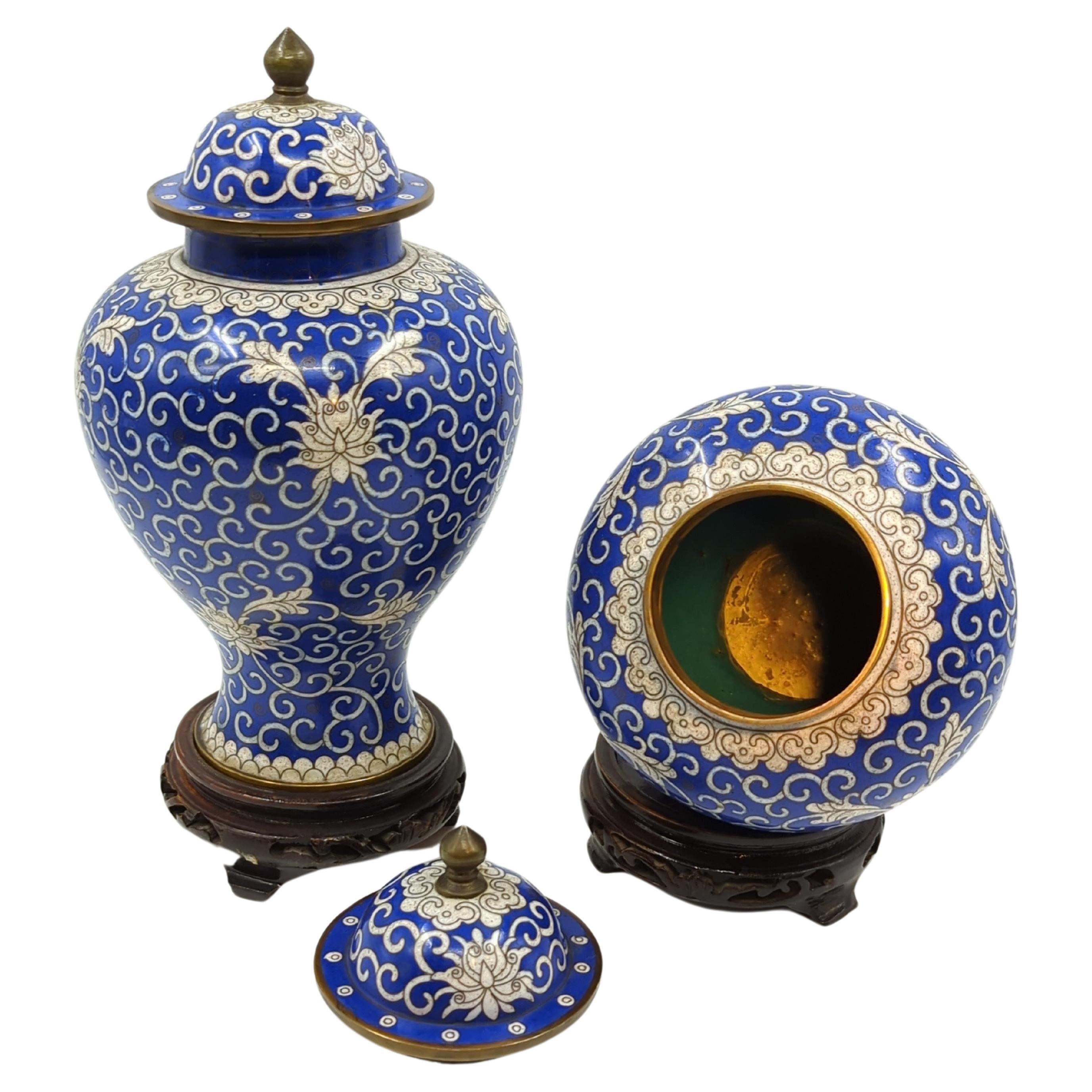 Copper Antique Chinese Cloisonne Blue White General Jar Baluster Vase Garniture w Stand For Sale