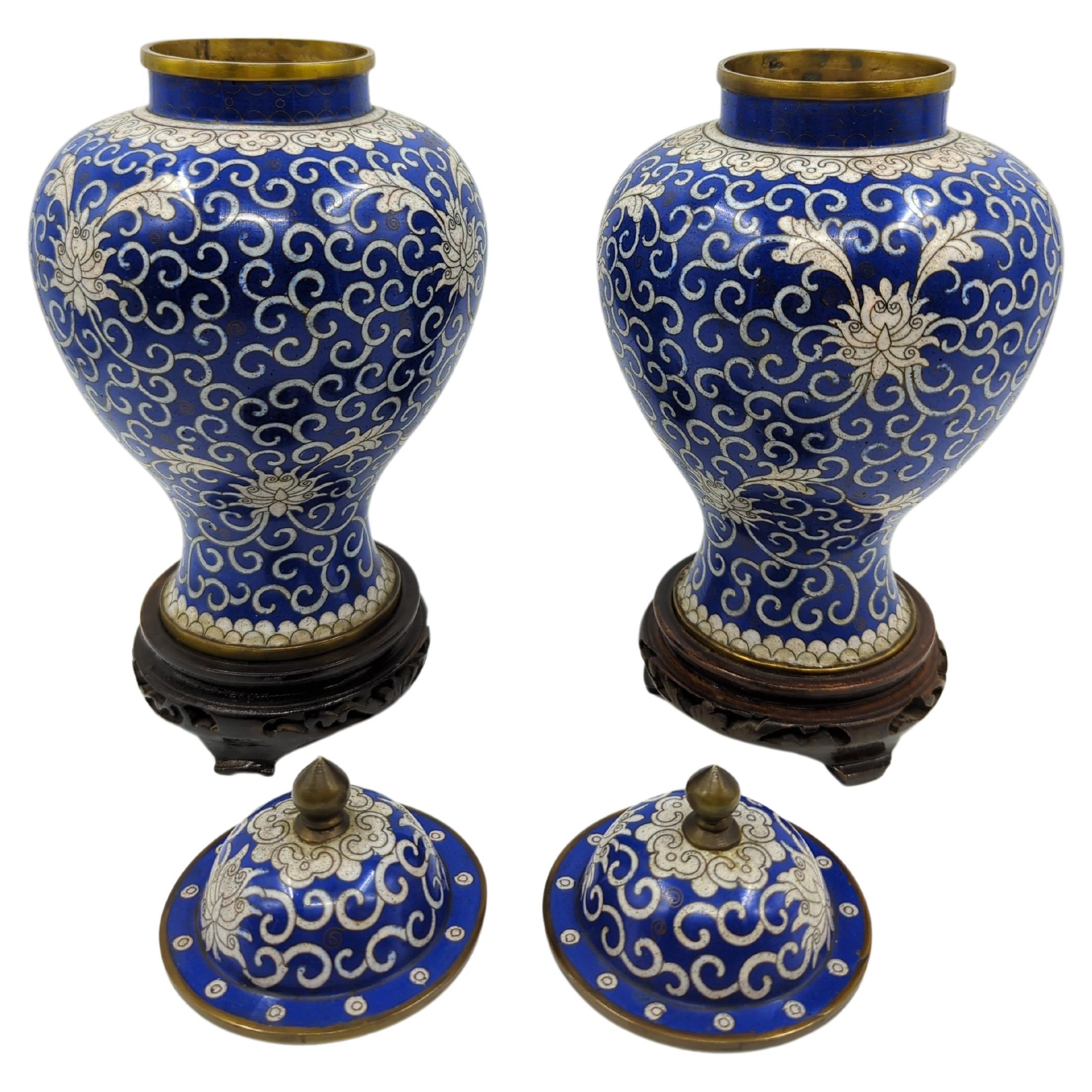 Antique Chinese Cloisonne Blue White General Jar Baluster Vase Garniture w Stand For Sale 2