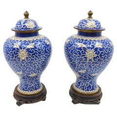 Antique Chinese Cloisonne Blue White General Jar Baluster Vase Garniture w Stand