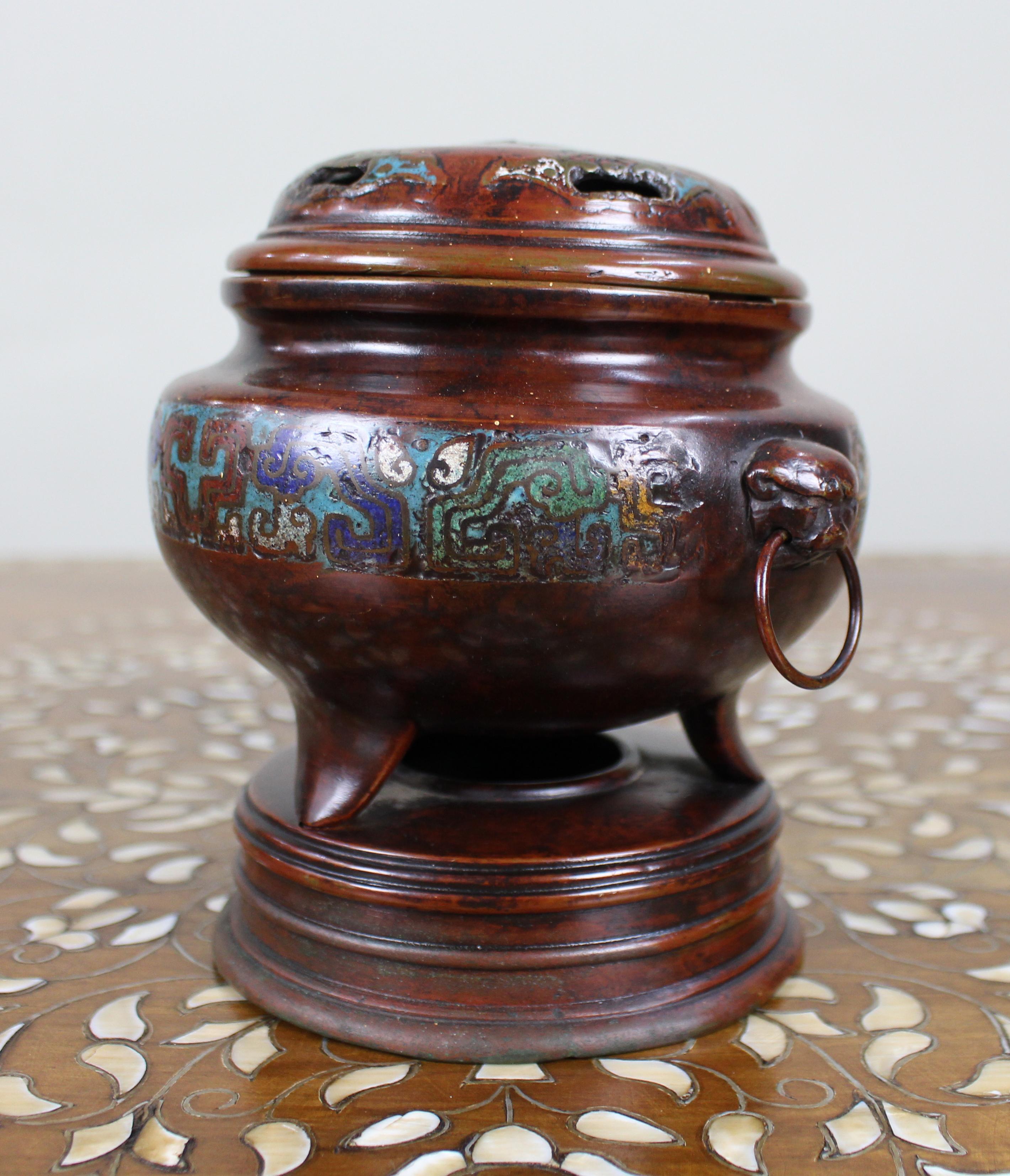 19th Century Antique Chinese Cloisonné Bronze Tripod Censer, c.1890 For Sale