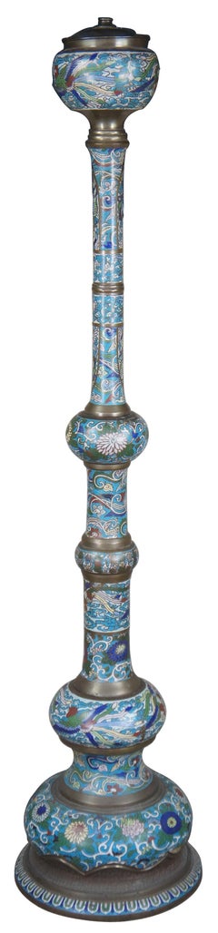 Antique Chinese Cloisonne Champleve Enamel Baluster Floor Oil Lamp