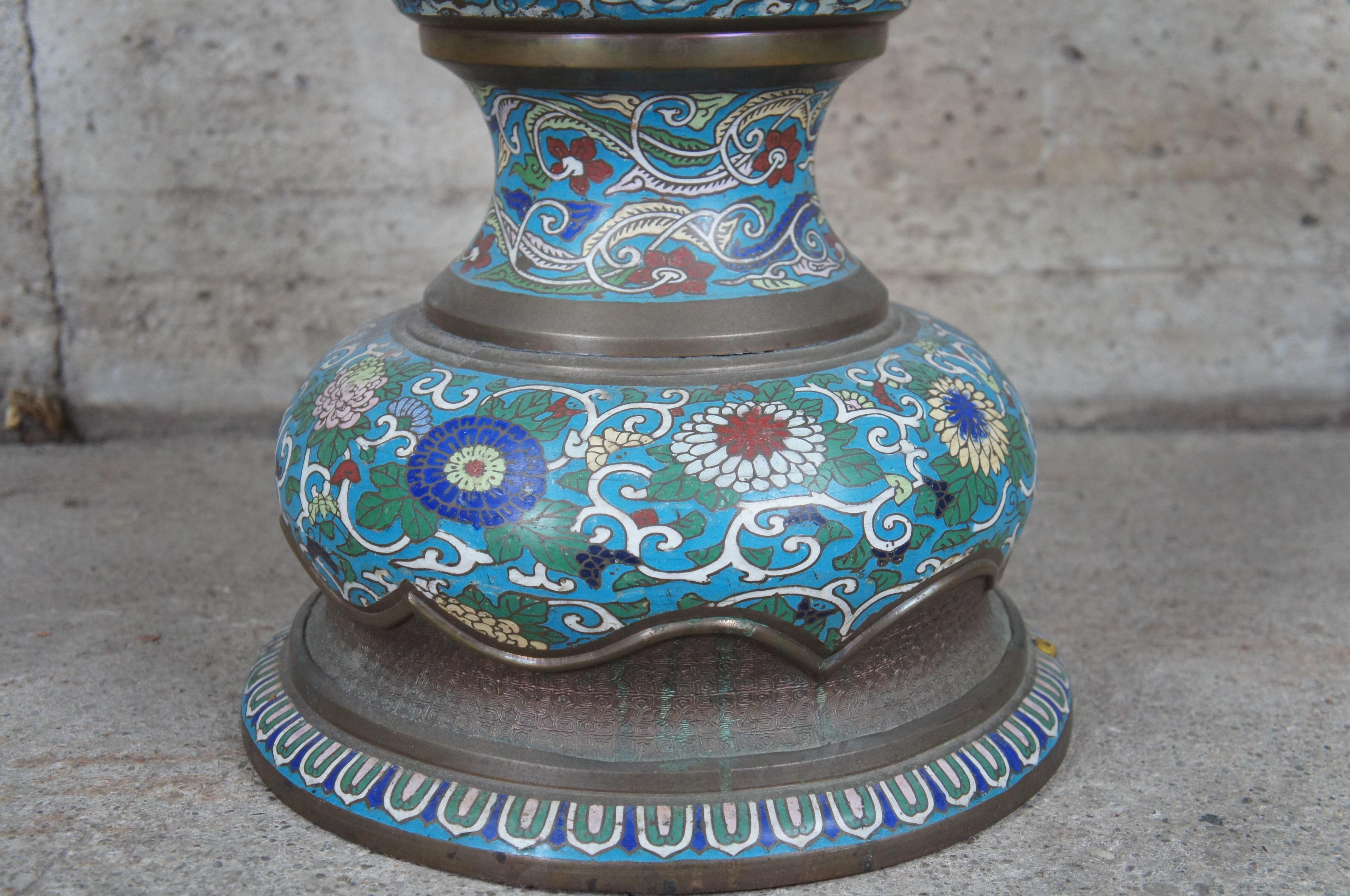 Chinoiserie Antique Chinese Cloisonne Champleve Enamel Baluster Floor Oil Lamp