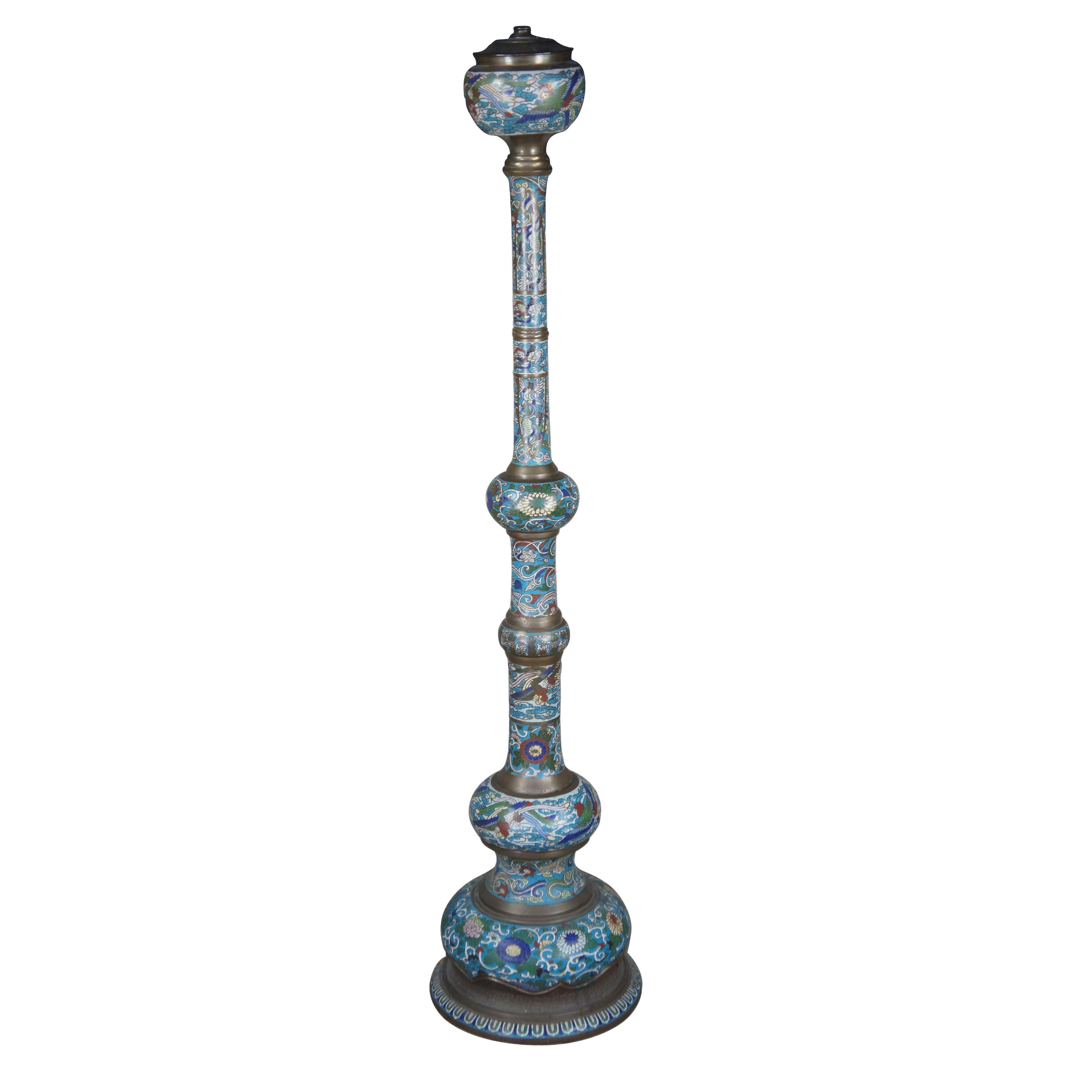 Antique Chinese Cloisonne Champleve Enamel Baluster Floor Oil Lamp