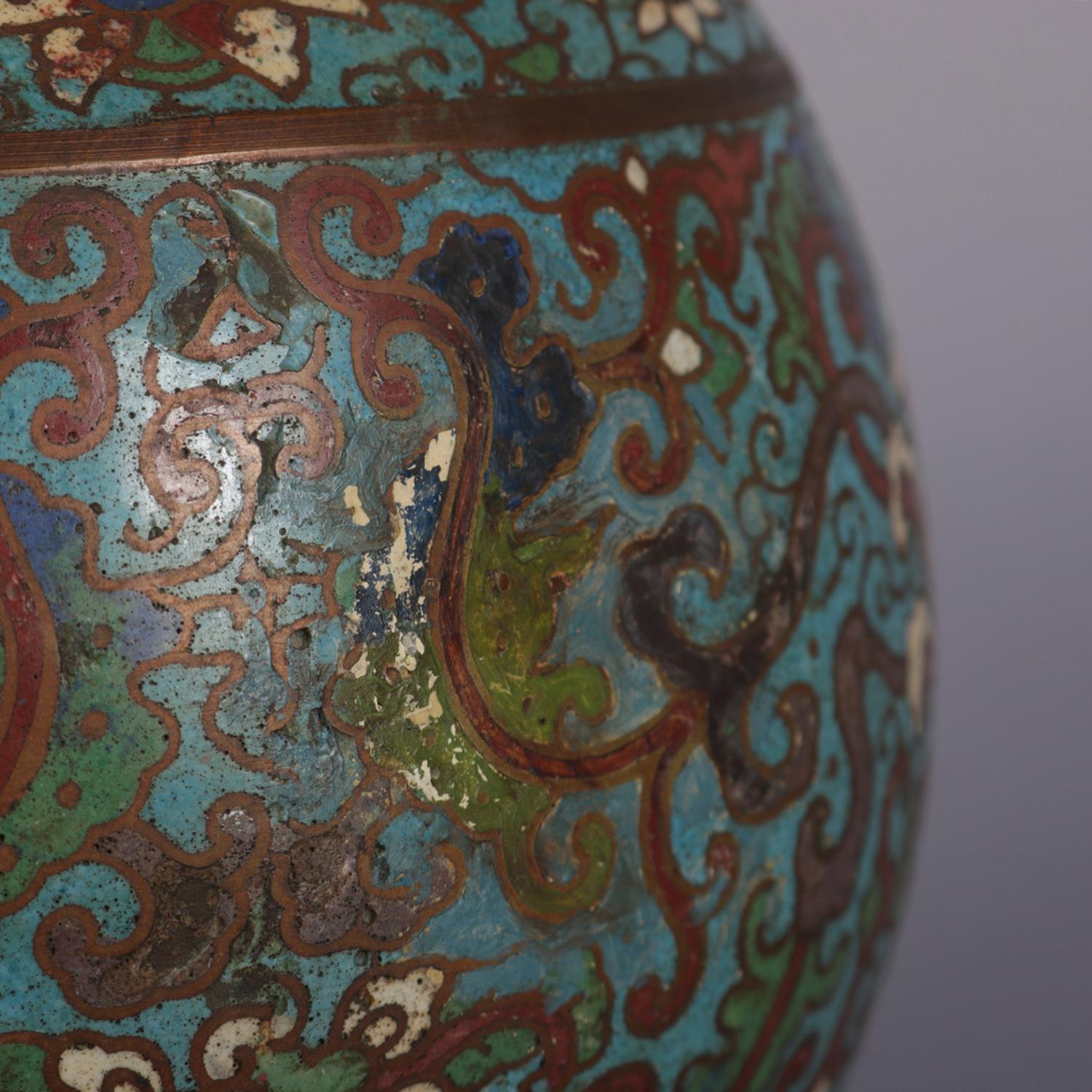 Antique Chinese Cloisonne Enamel Bronze Floral and Scroll Double Handle Urn 3