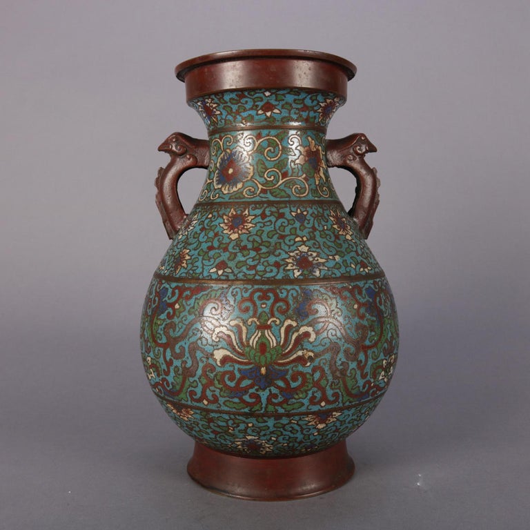 Antique Chinese Cloisonne Enamel Bronze Floral and Scroll Double Handle Urn For Sale at 1stDibs