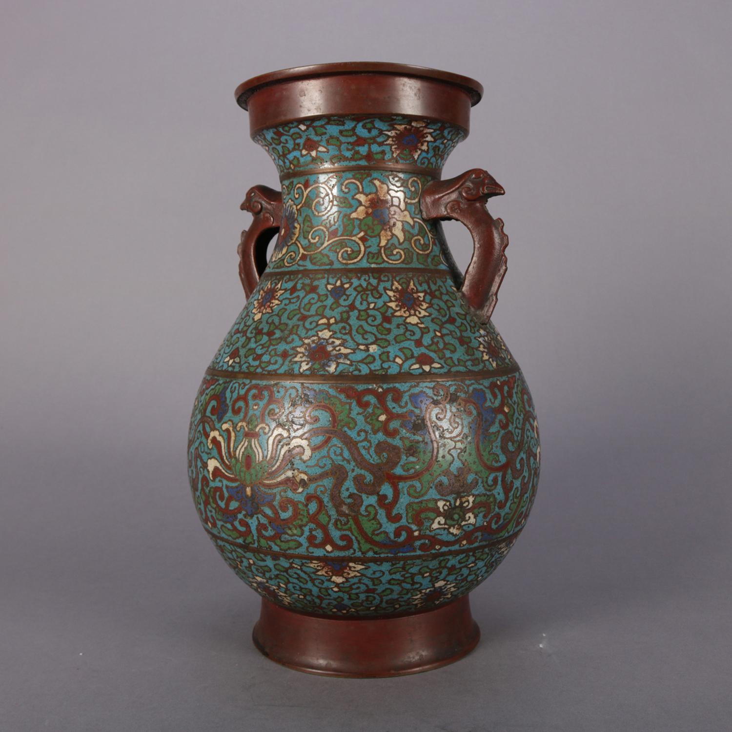 Enameled Antique Chinese Cloisonne Enamel Bronze Floral and Scroll Double Handle Urn