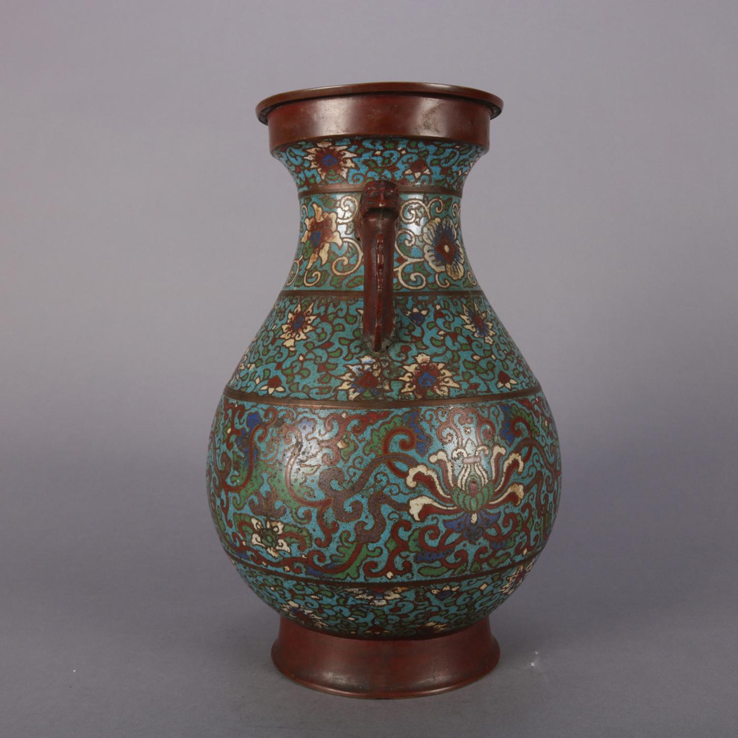 Antique Chinese Cloisonne Enamel Bronze Floral and Scroll Double Handle Urn In Good Condition In Big Flats, NY