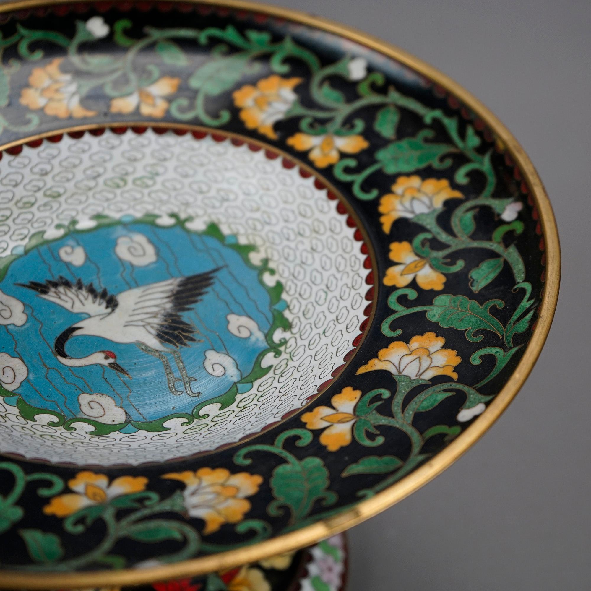 Metal Antique Chinese Cloisonné Enamel Decorated Swan Compote Circa 1930 For Sale