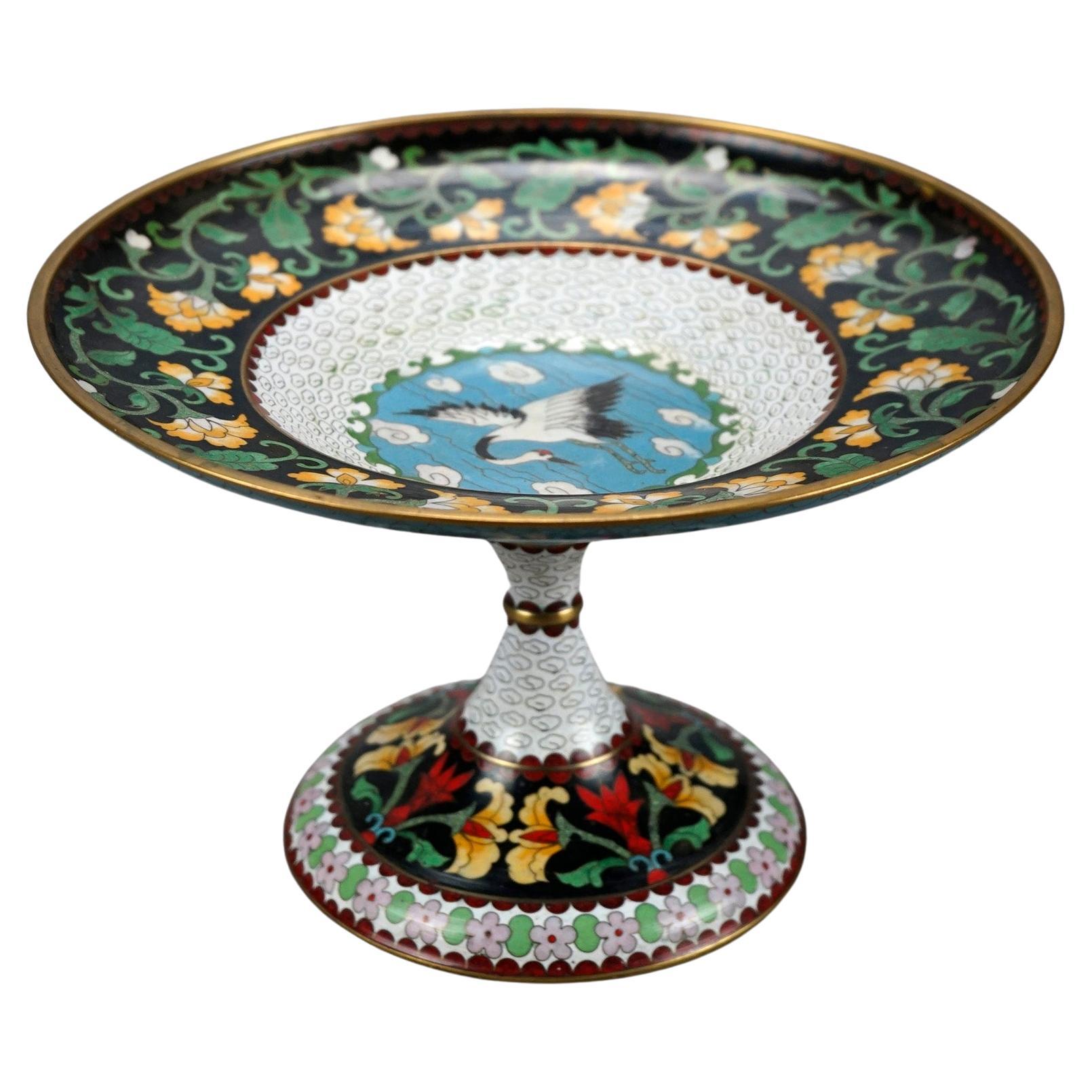 Antique Chinese Cloisonné Enamel Decorated Swan Compote Circa 1930 For Sale
