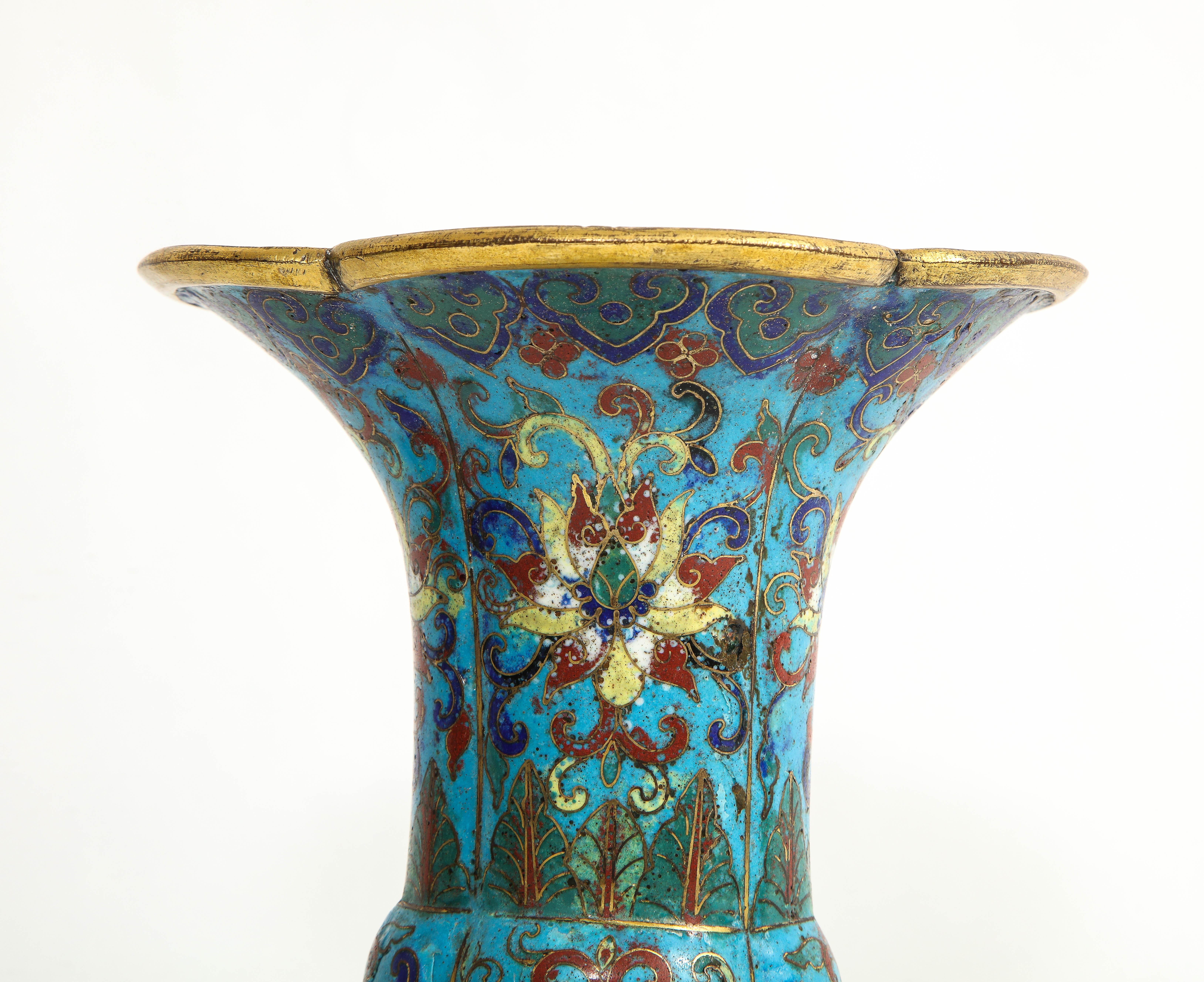 Bronze Antique Chinese Cloisonné Enamel Gu Form Vase, 17th/18th Century, Kangxi Period For Sale