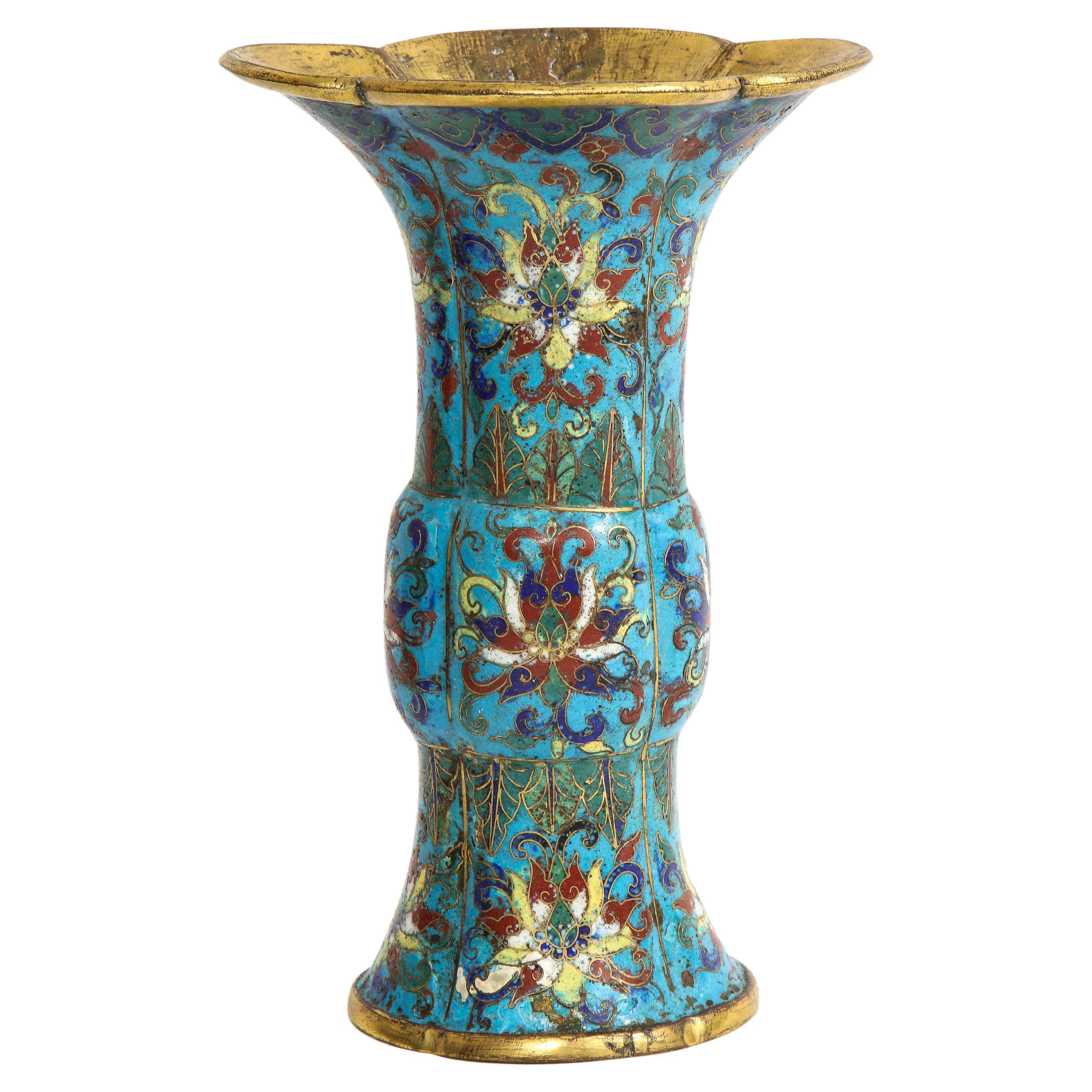 Antique Chinese Cloisonné Enamel Gu Form Vase, 17th/18th Century, Kangxi Period For Sale