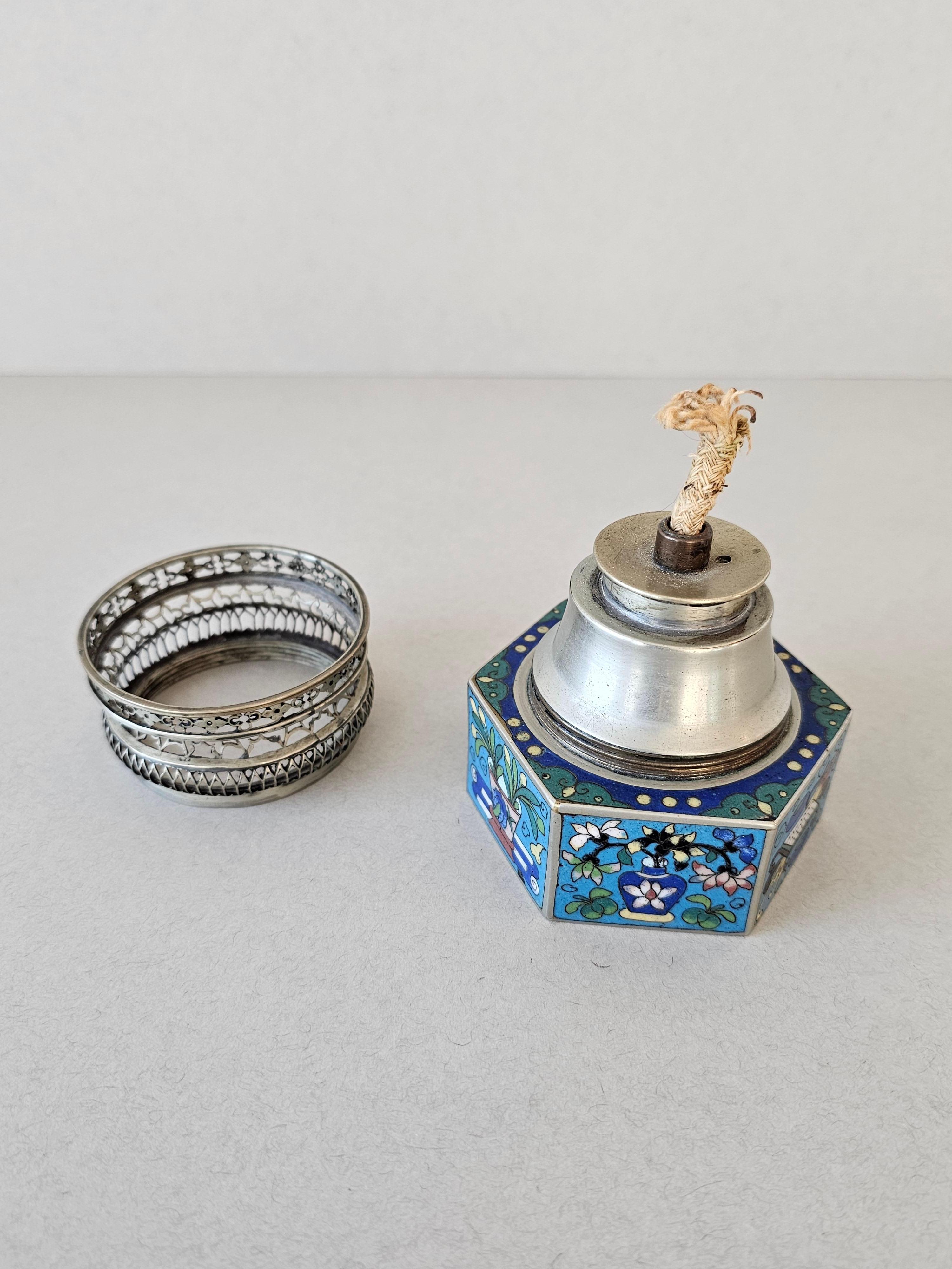 Antike chinesische Cloisonné-Emaille-Opal-Öllampe, Opium (Metall) im Angebot