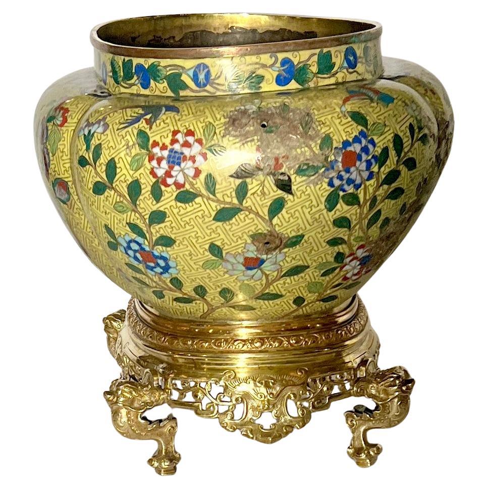 Ancienne jardinière chinoise en porcelaine émaillée cloisonnée, vers 1870-1880.
Pièce d'un jaune éclatant montée sur un socle en bronze doré.