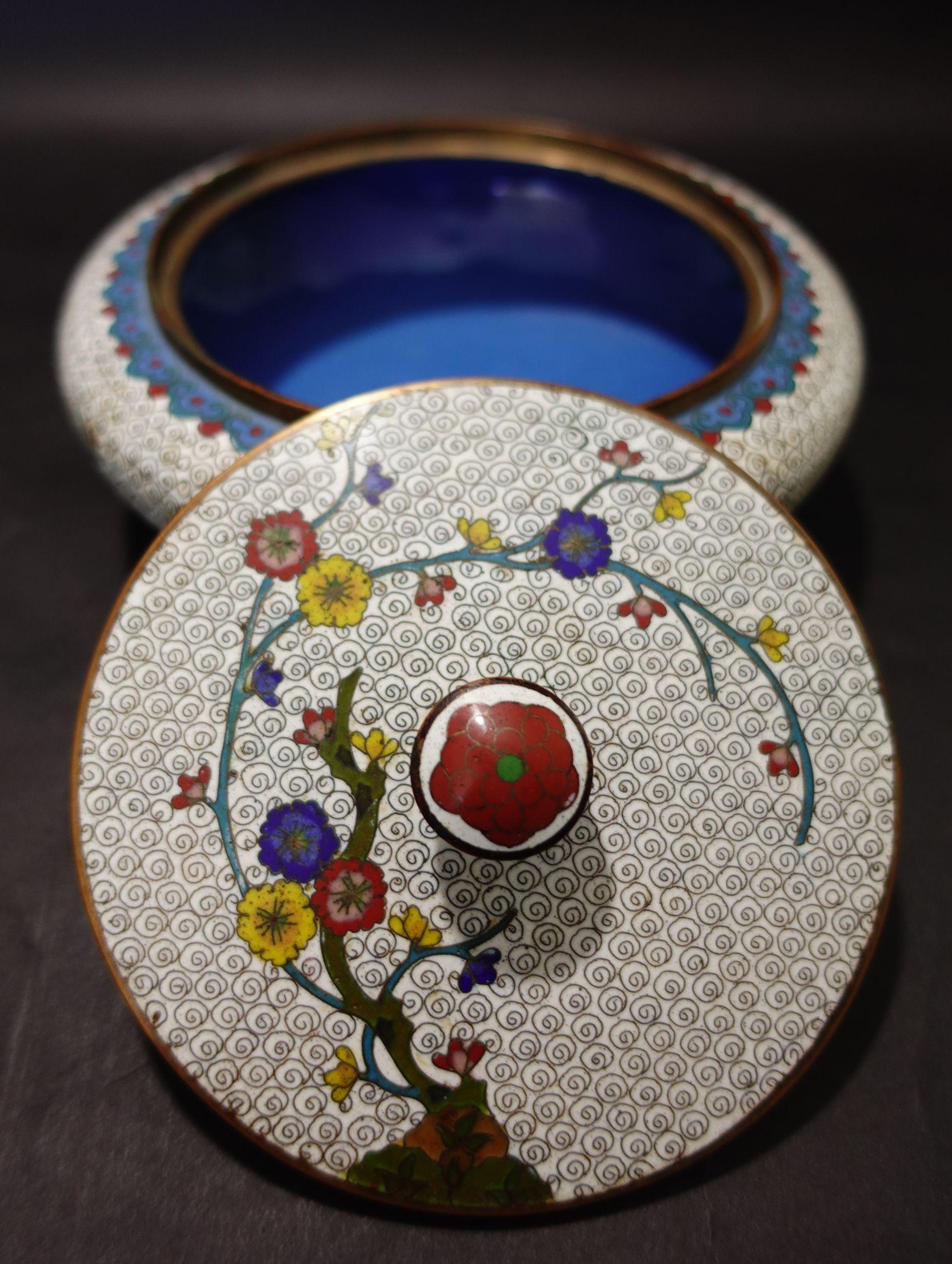 Antique Chinese Cloisonné Enamel Round Lidded Box 19th Century CO#08 In Good Condition For Sale In Norton, MA