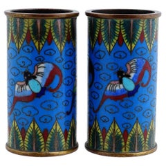 Antique Chinese Cloisonne Enameled Brush Pots With Bats