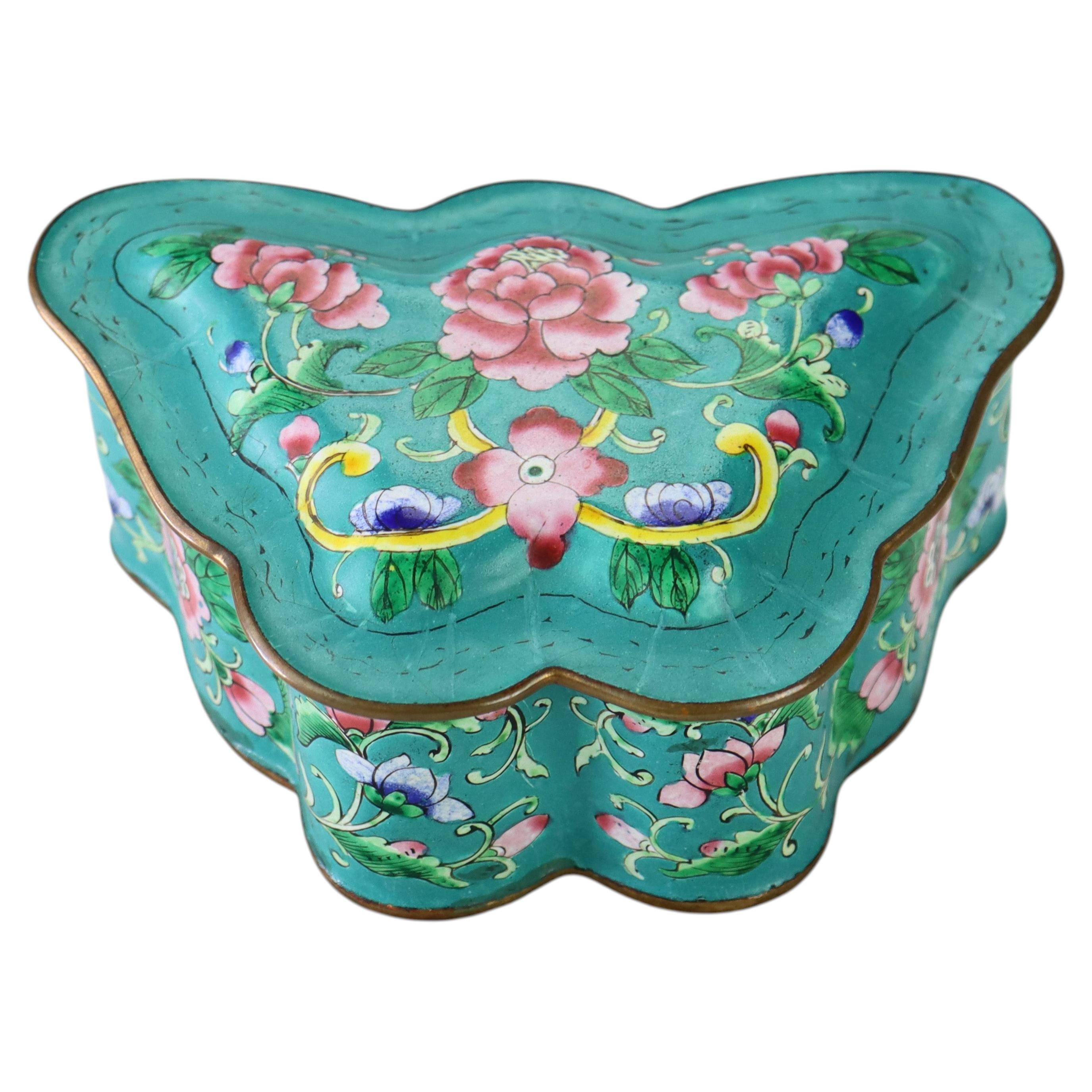 Antique Chinese Cloisonne Enameled Butterfly Shaped Trinket Box c1920