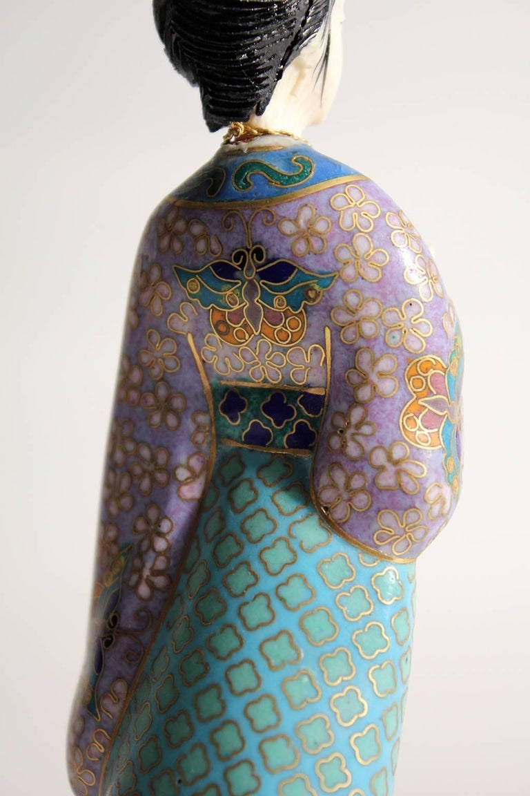 Antique Chinese Cloisonne Enameled Carved Guanyin Quan Yin Sculpture