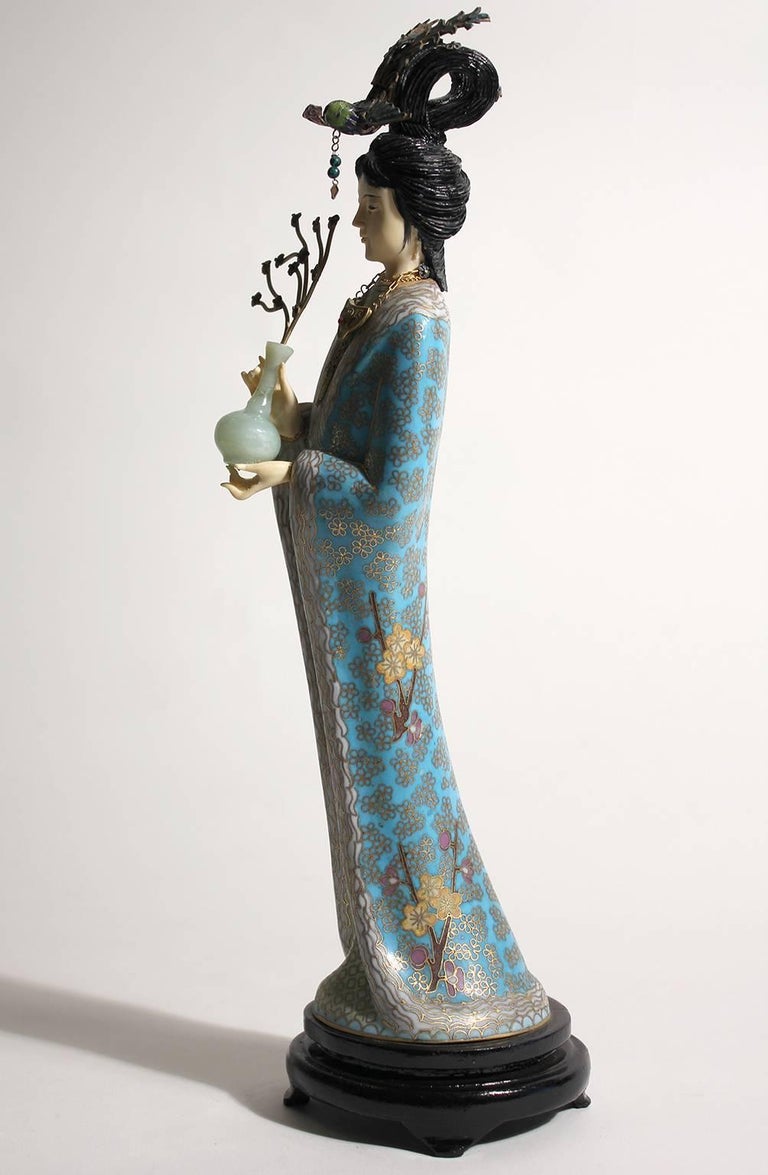 Antique Chinese Cloisonné Enameled Carved Guanyin Quan Yin Sculpture