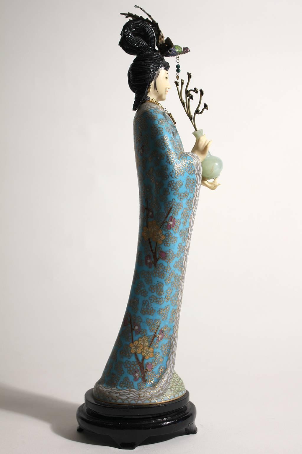 Early 20th Century Antique Chinese Cloisonné Enameled Carved Guanyin Quan Yin Sculpture Figurine