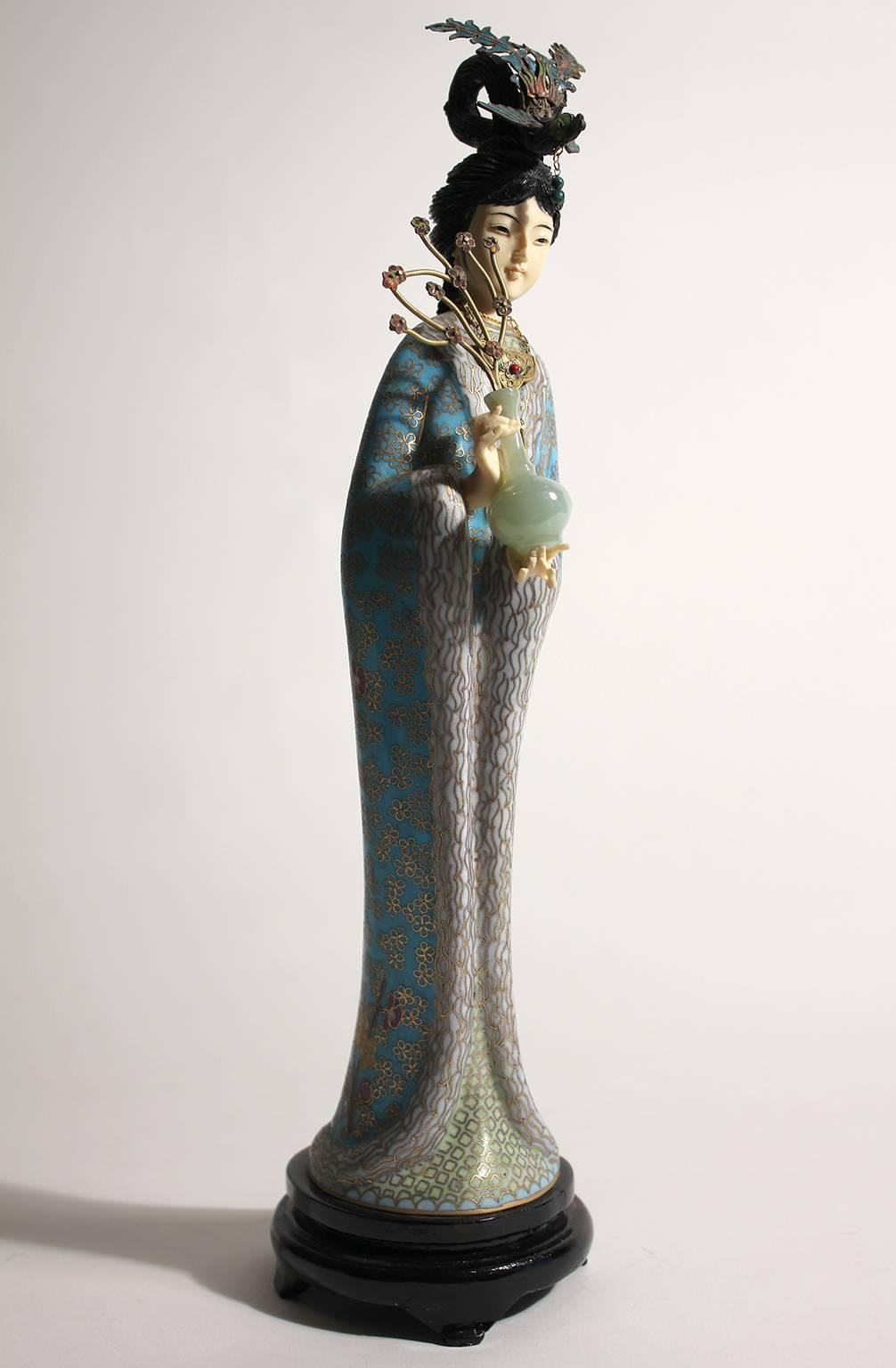 Antique Chinese Cloisonné Enameled Carved Guanyin Quan Yin Sculpture Figurine 2