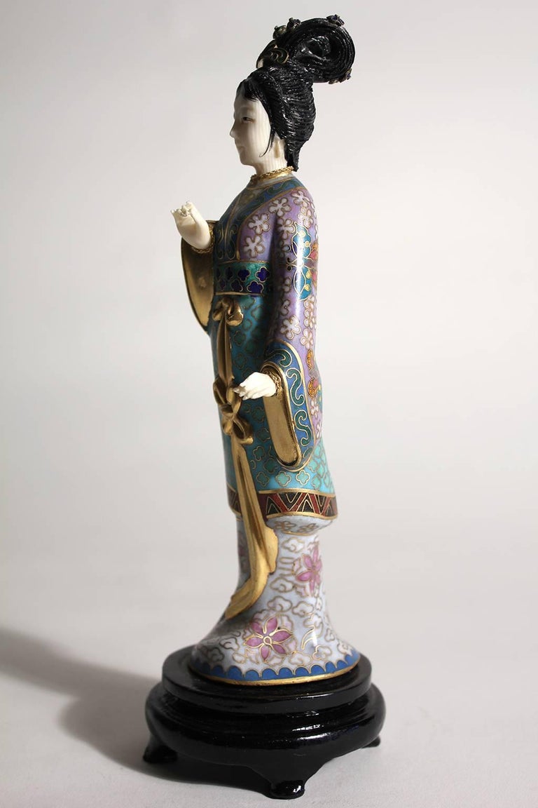 Antique Chinese Cloisonne Enameled Carved Guanyin Quan Yin Sculpture