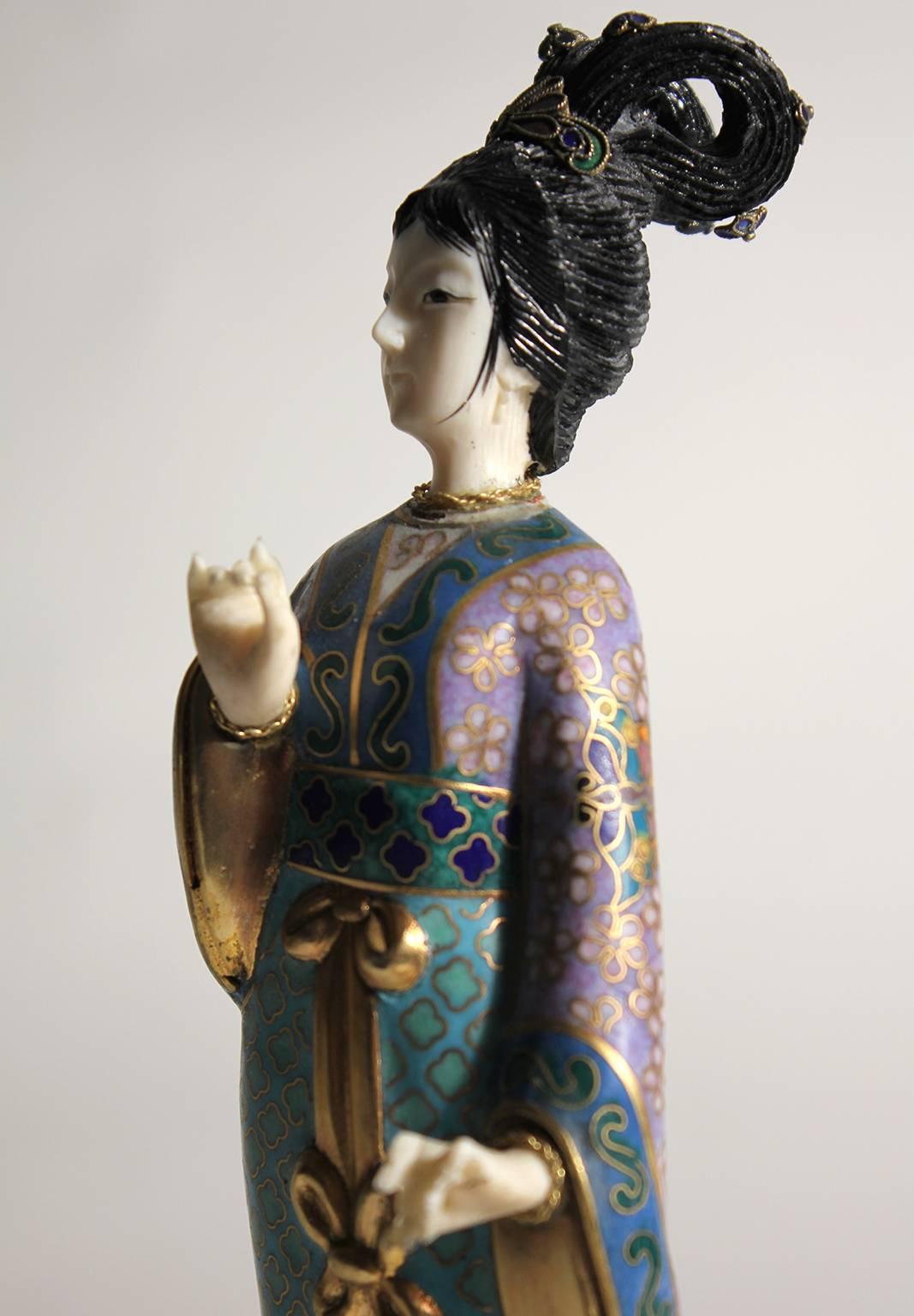 Early 20th Century Antique Chinese Cloisonne Enameled Carved Guanyin Quan Yin Sculpture Figurine